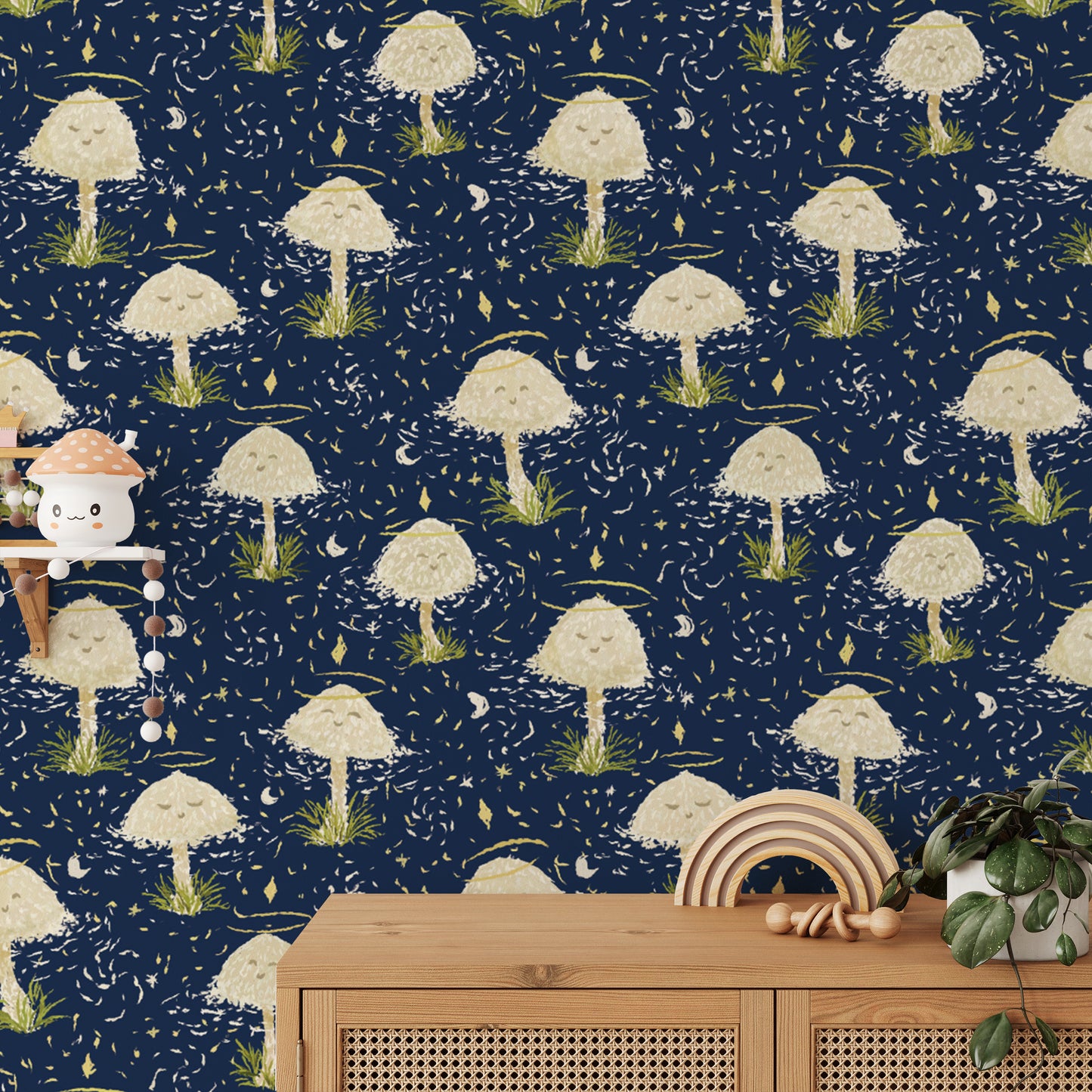 Artistic dancing mushrooms wallpaper for unique wall decor.
