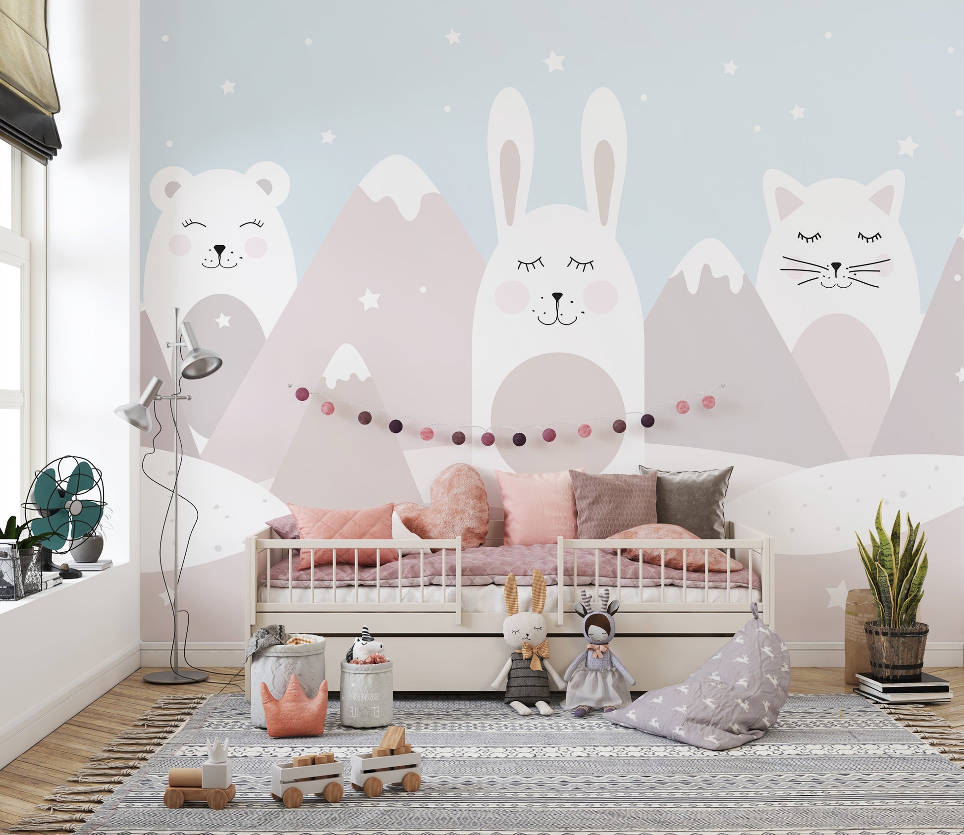 Whimsical animals mural with snowy peaks