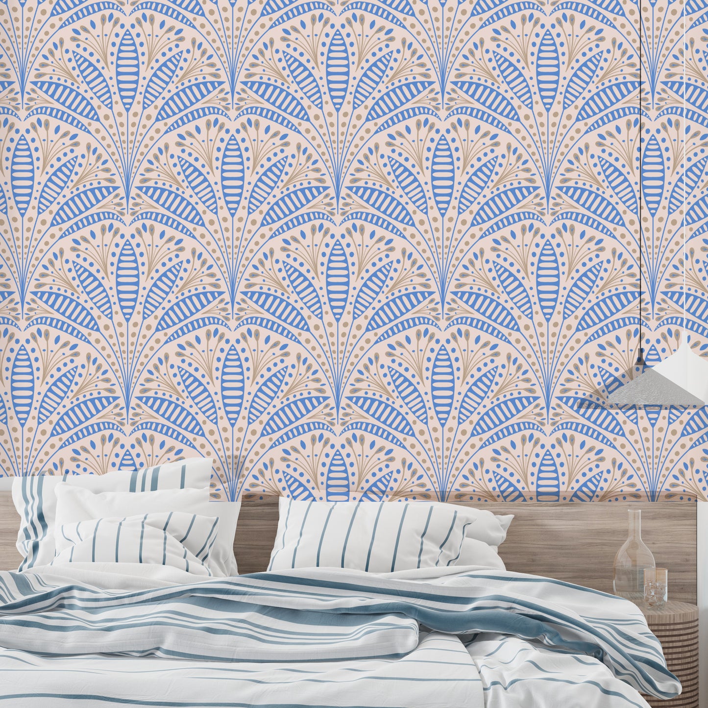 Timeless Art Deco blue palm mural for stylish interiors.
