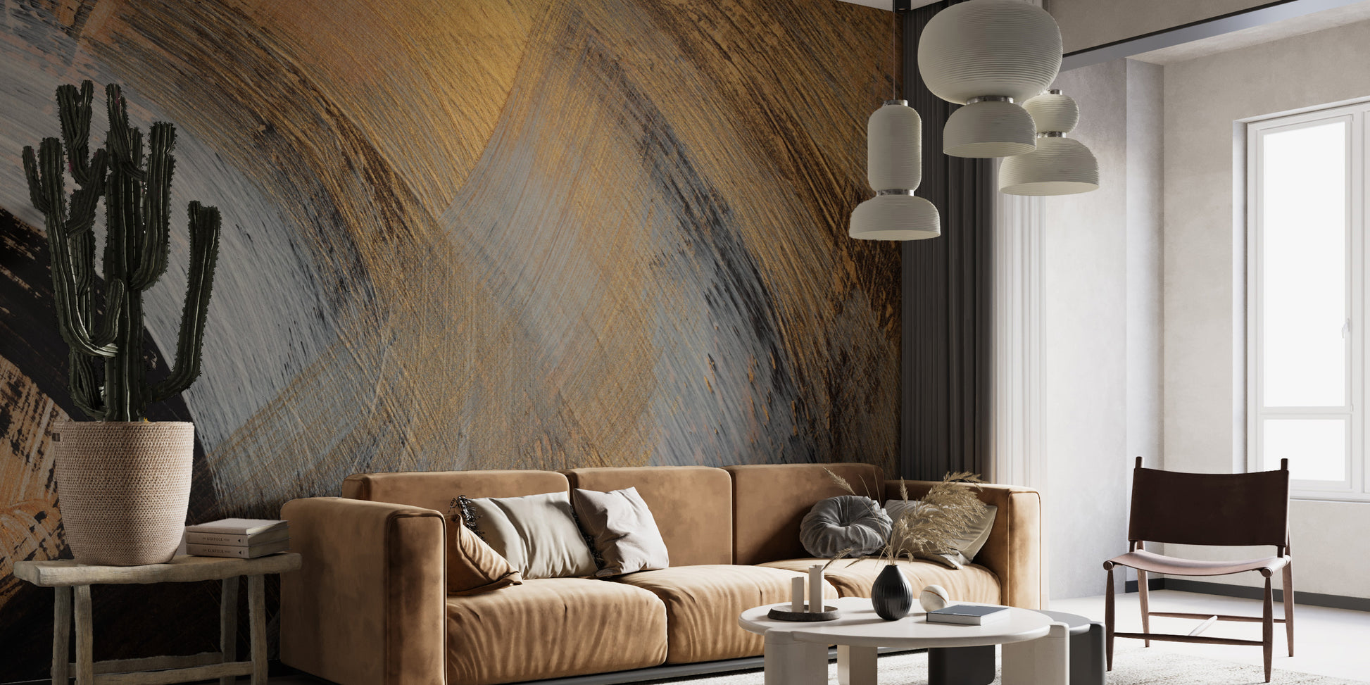 Artistic golden abstract wallpaper mural for statement walls.