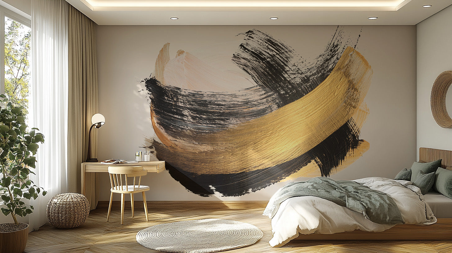 Sleek gold brushstroke wallpaper mural with noir elements.