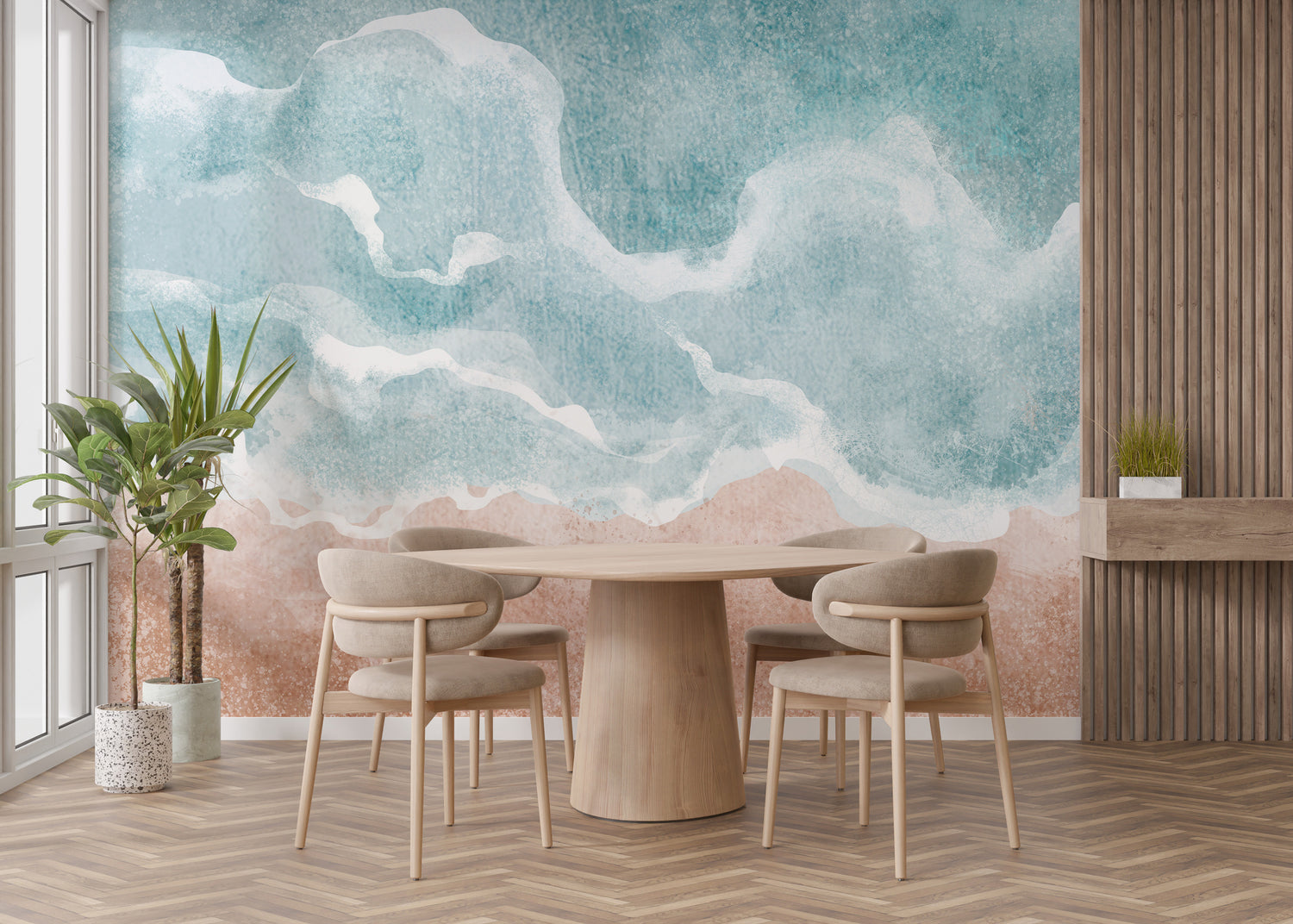 Beach-inspired wall mural with waves