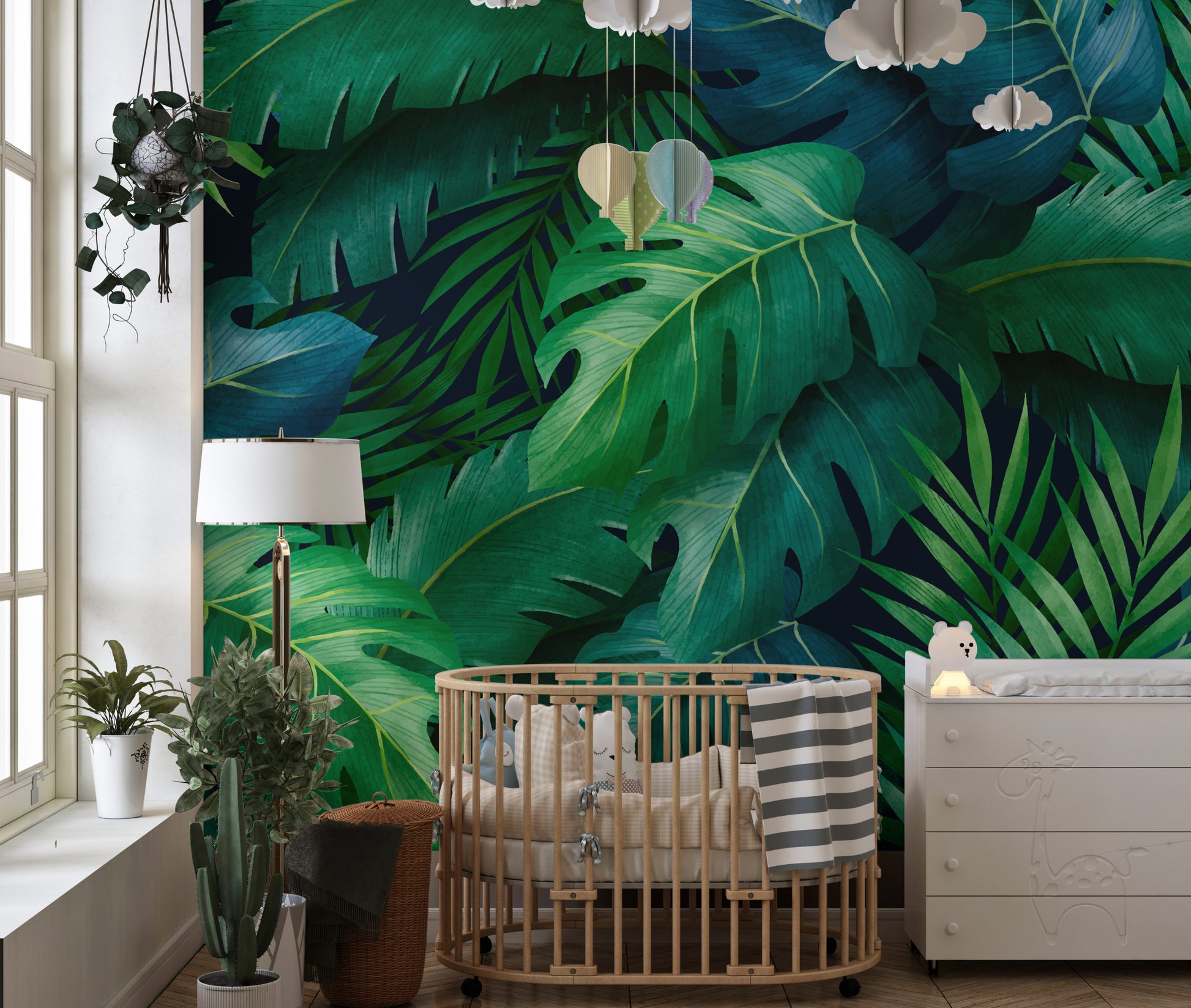 Bold large tropical leaves wallpaper mural for exotic decor.
