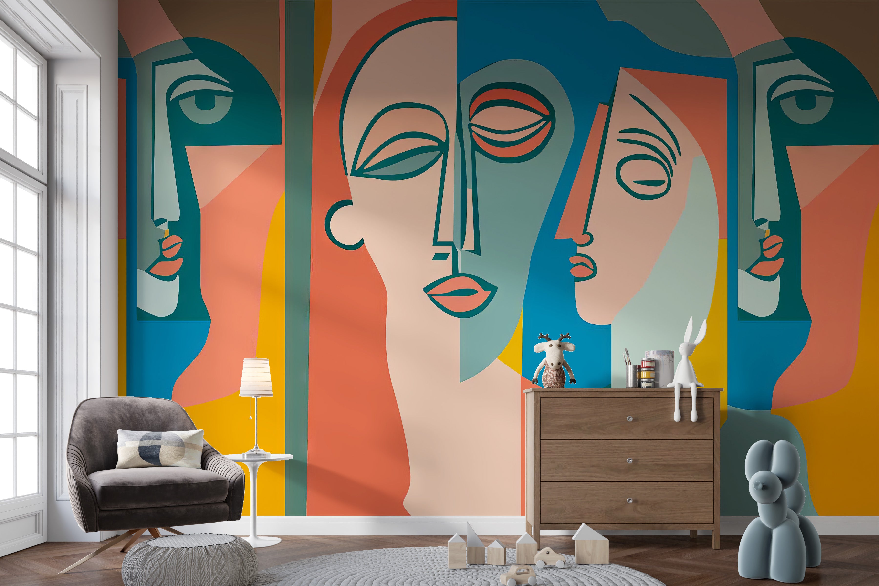 Colorful Faces Mural adds playful energy to kids room decor