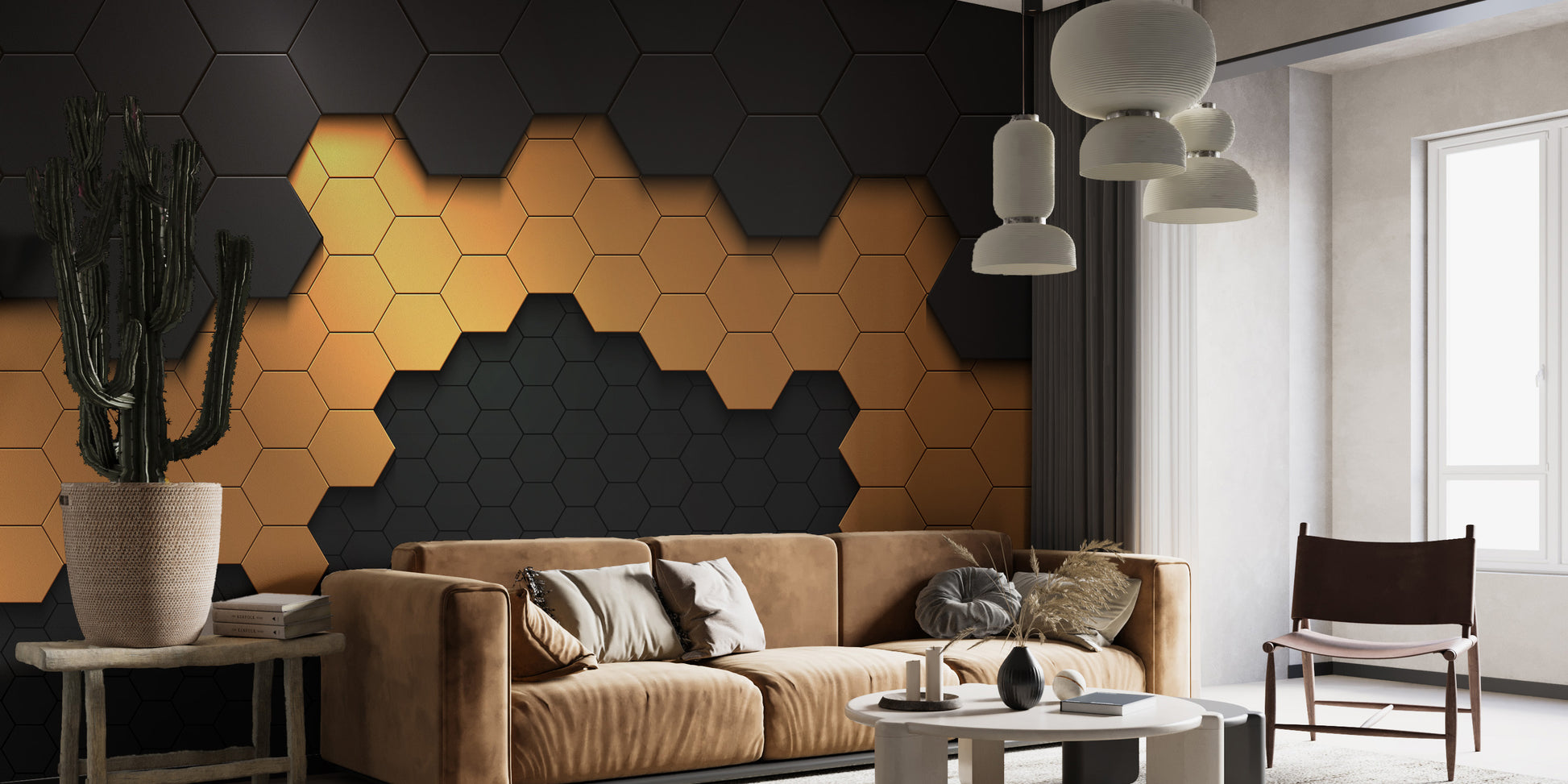 Geometric hexagon wallpaper in black and gold
