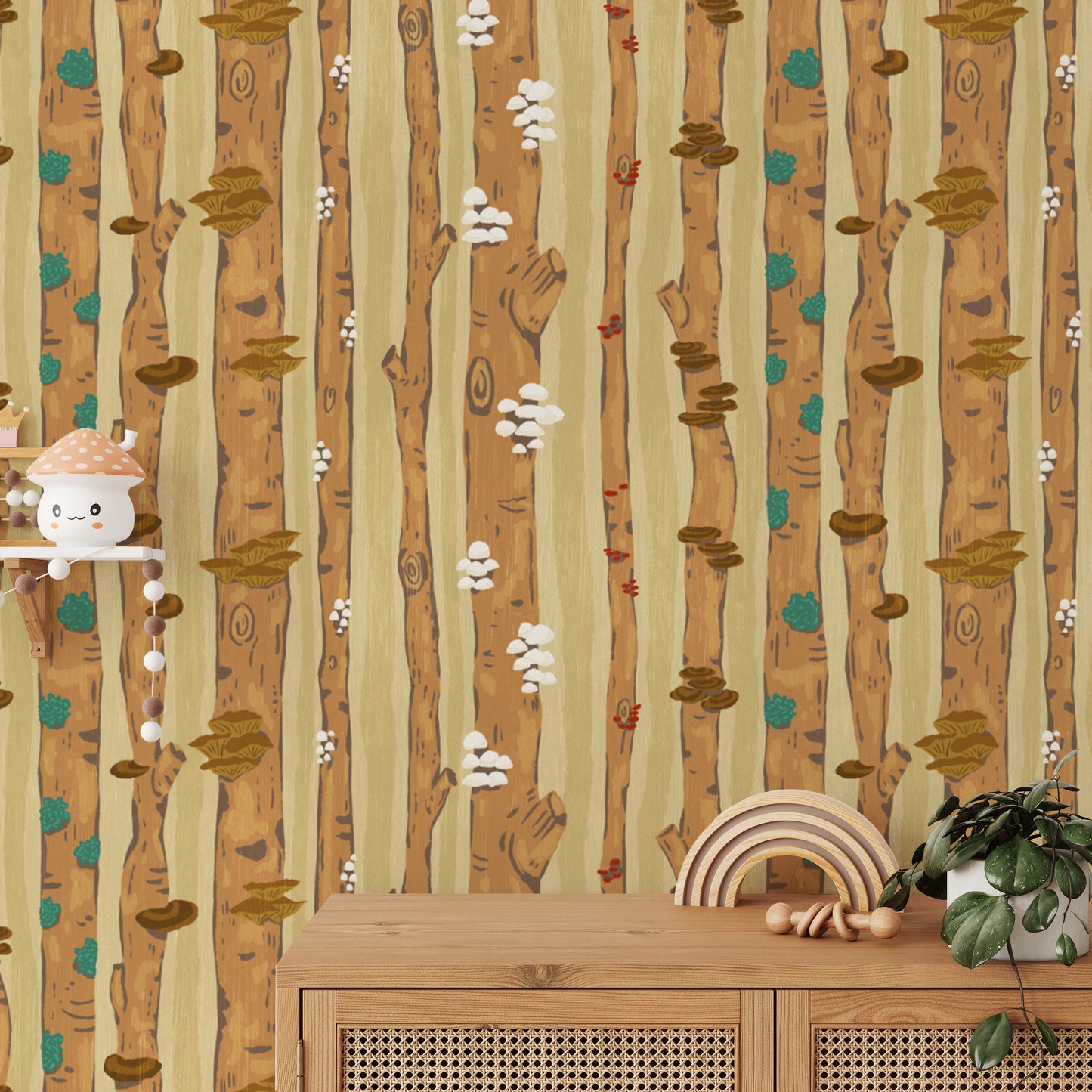 Bold mushrooms on tree trunks wallpaper for a striking wall accent.
