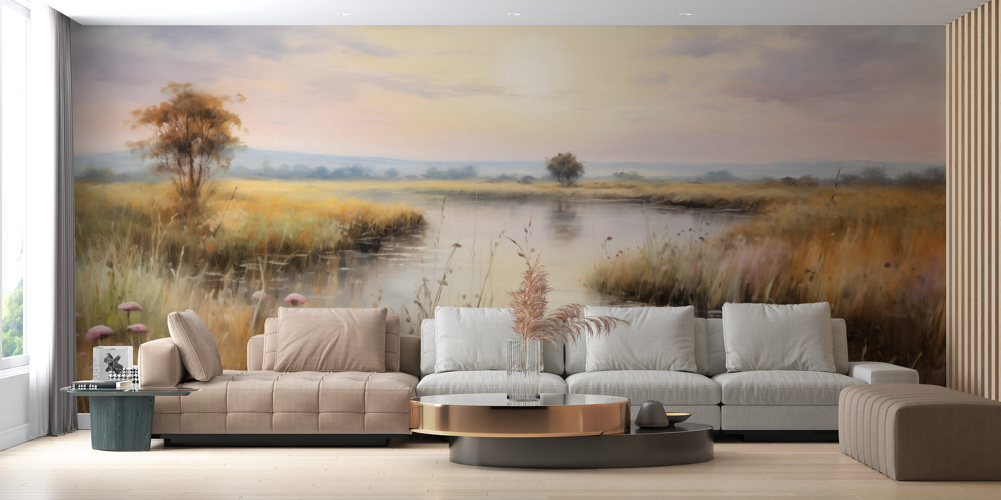 Watercolor wetlands landscape lake wallpaper for a peaceful, natural room.
