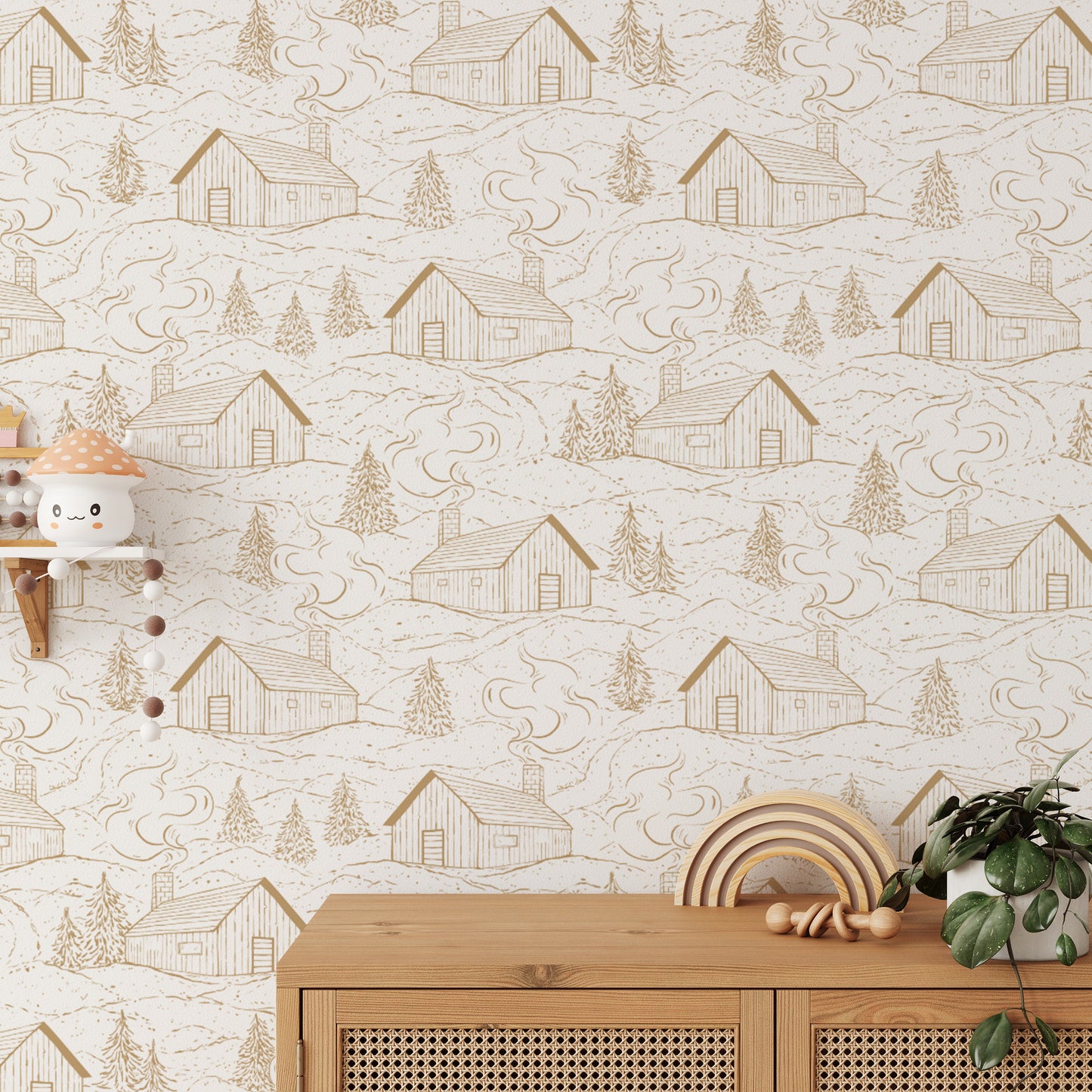 Cozy smokey cabins tan wallpaper for warm, rustic interiors.
