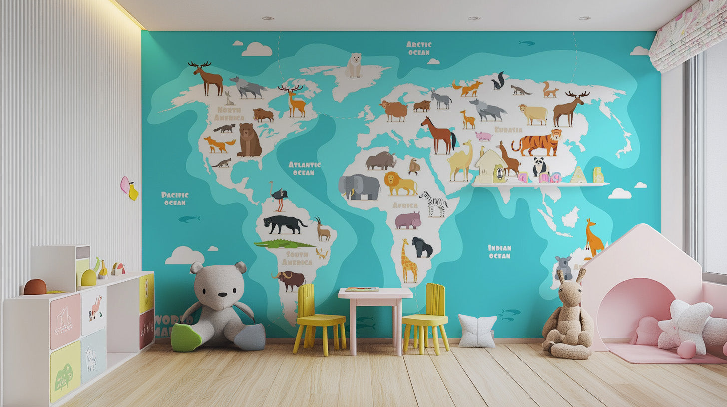 Wildlife Animals World Map Wallpaper Mural
