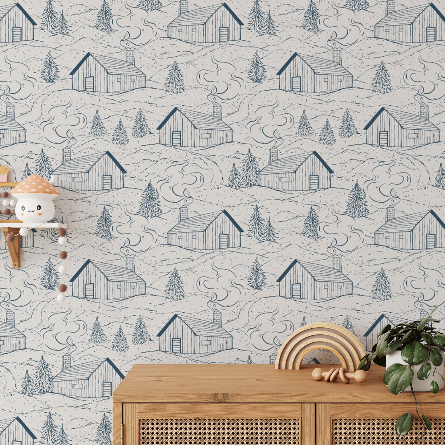 Elegant blue smokey cabins mural for timeless and stylish interiors.
