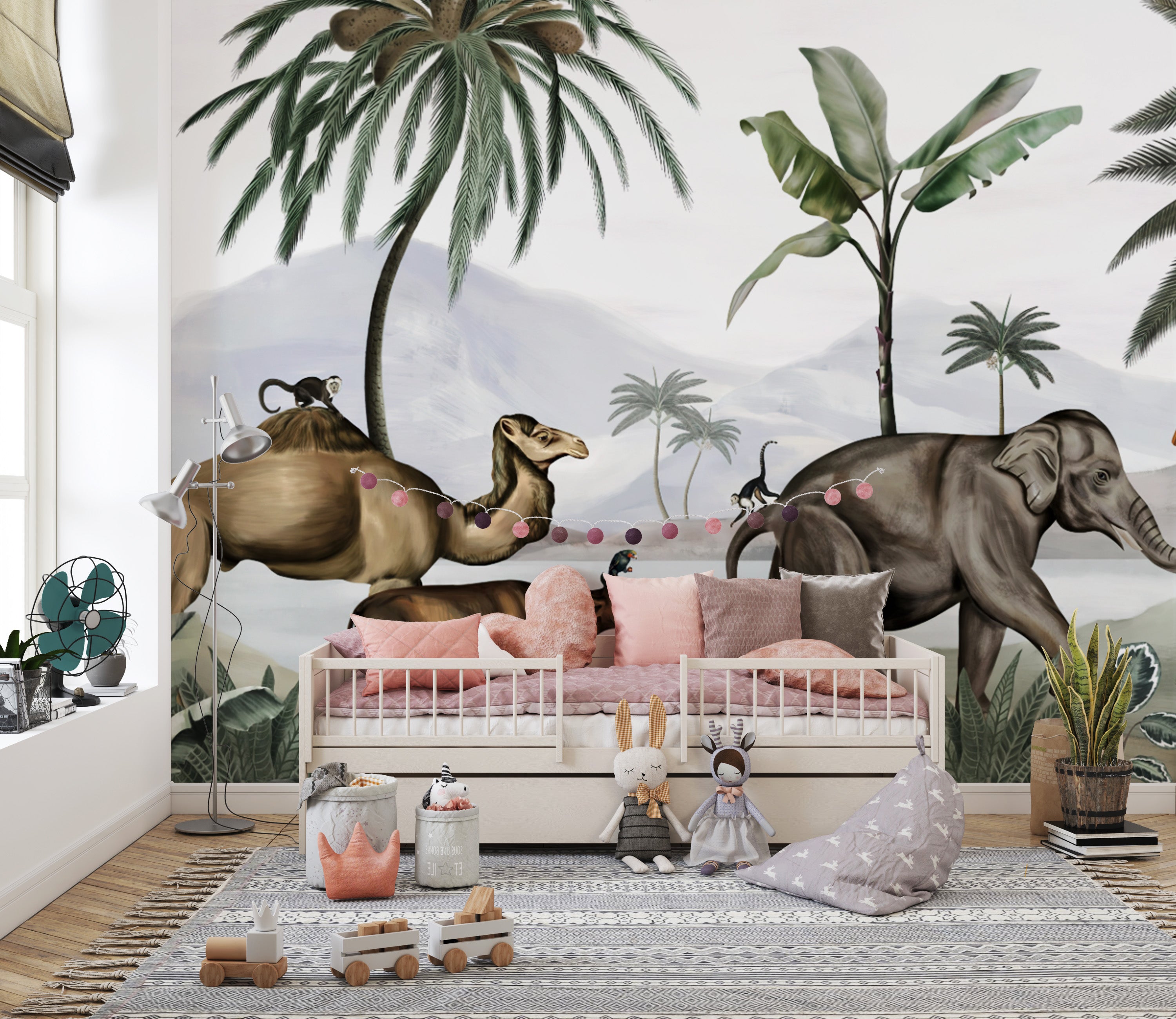 Nature-inspired wall art with elephants and tropical trees.
