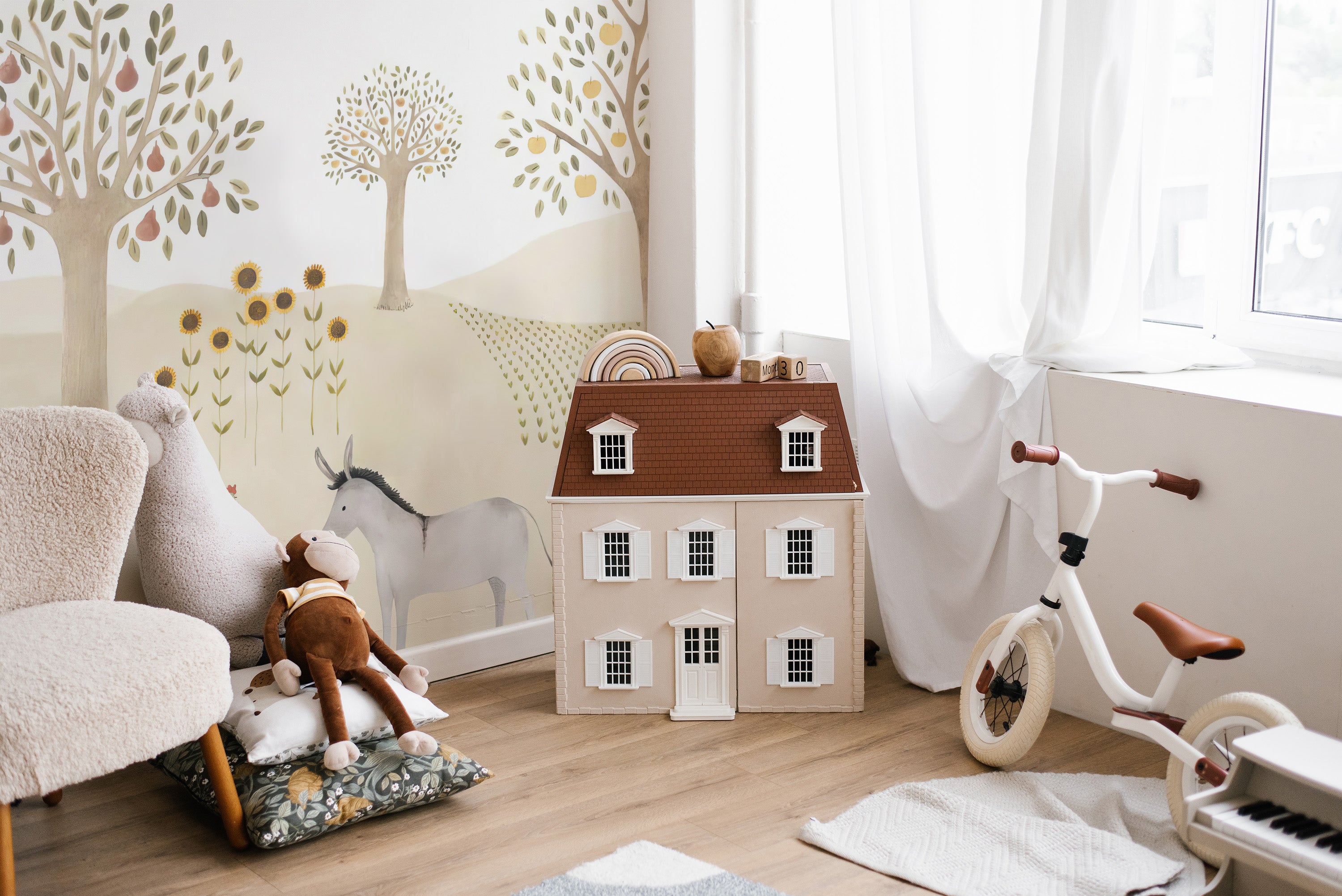 Countryside whimsy mural for playful nursery rooms