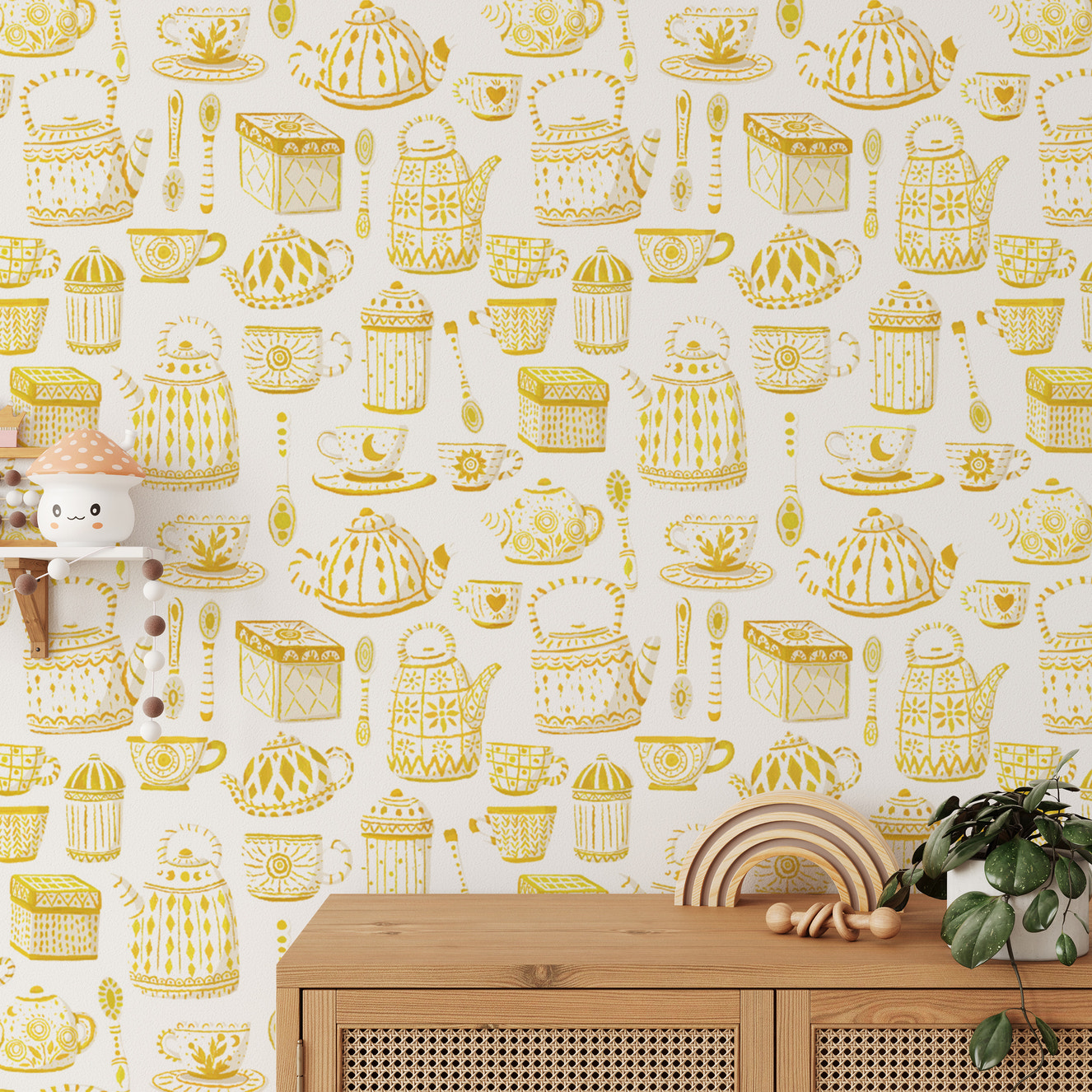 Elegant tea set wallpaper with a warm yellow backdrop.
