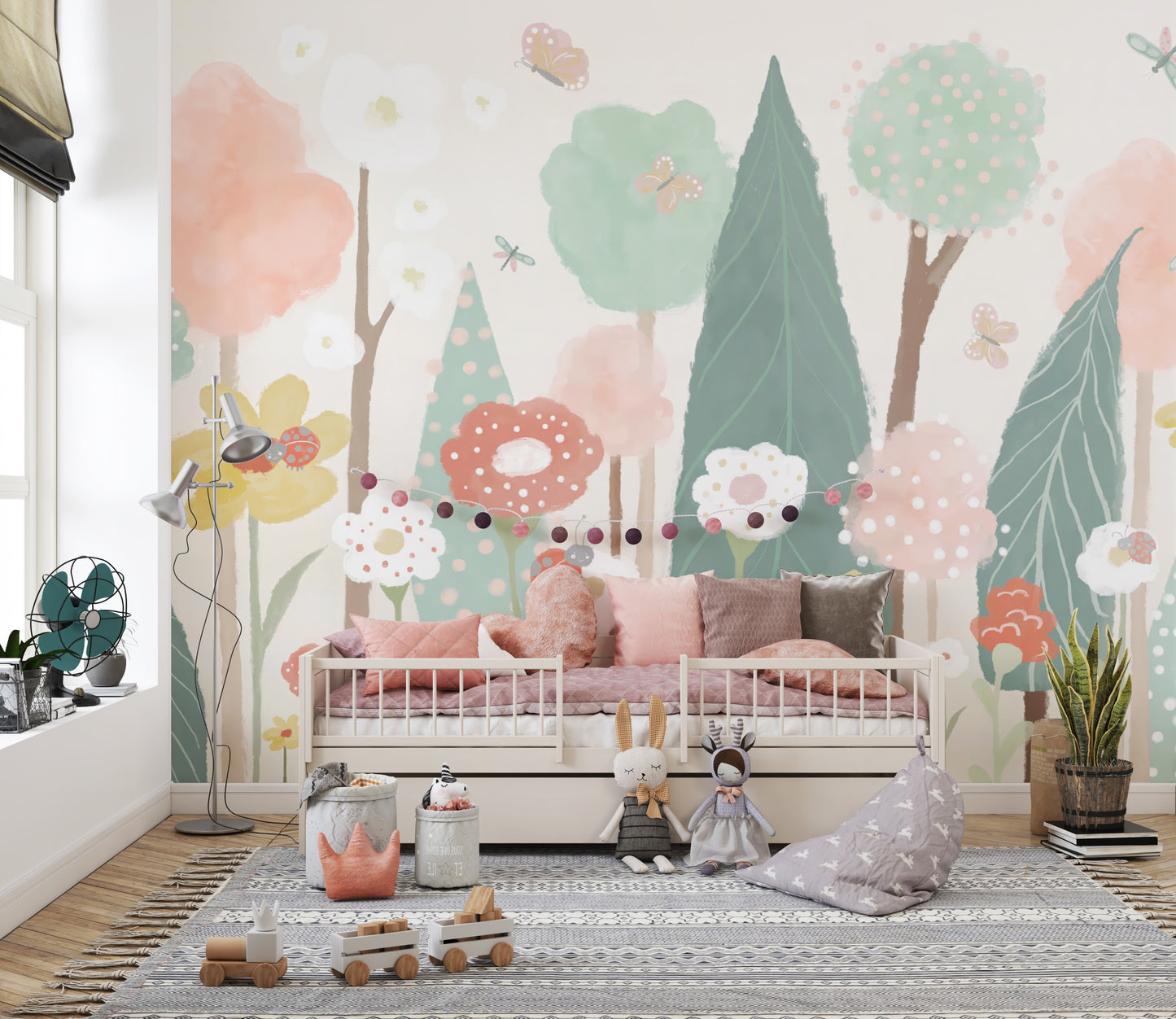 Artistic watercolor mural with beautiful floral tree designs.
