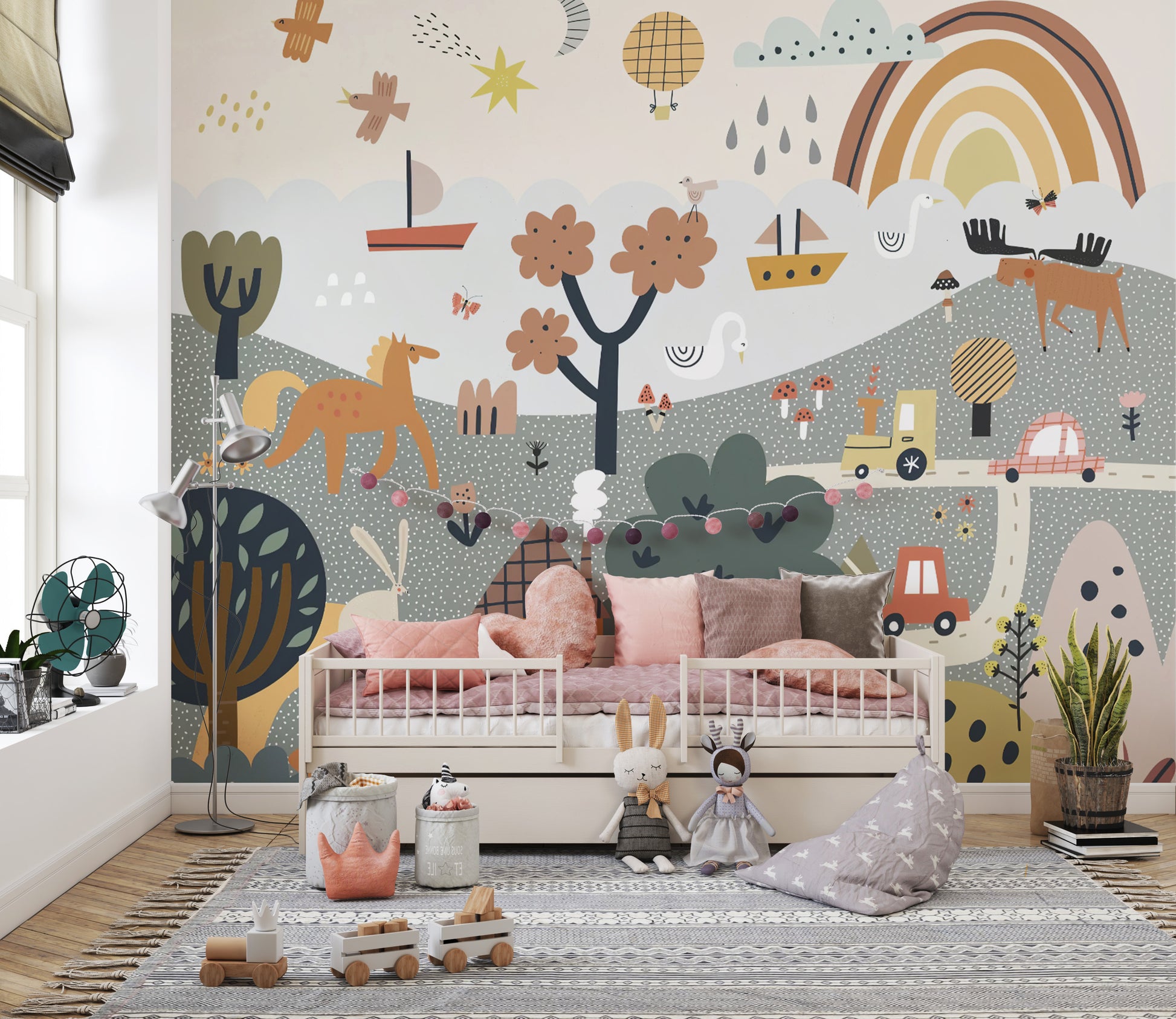 Modern pastel kids playroom wallpaper




