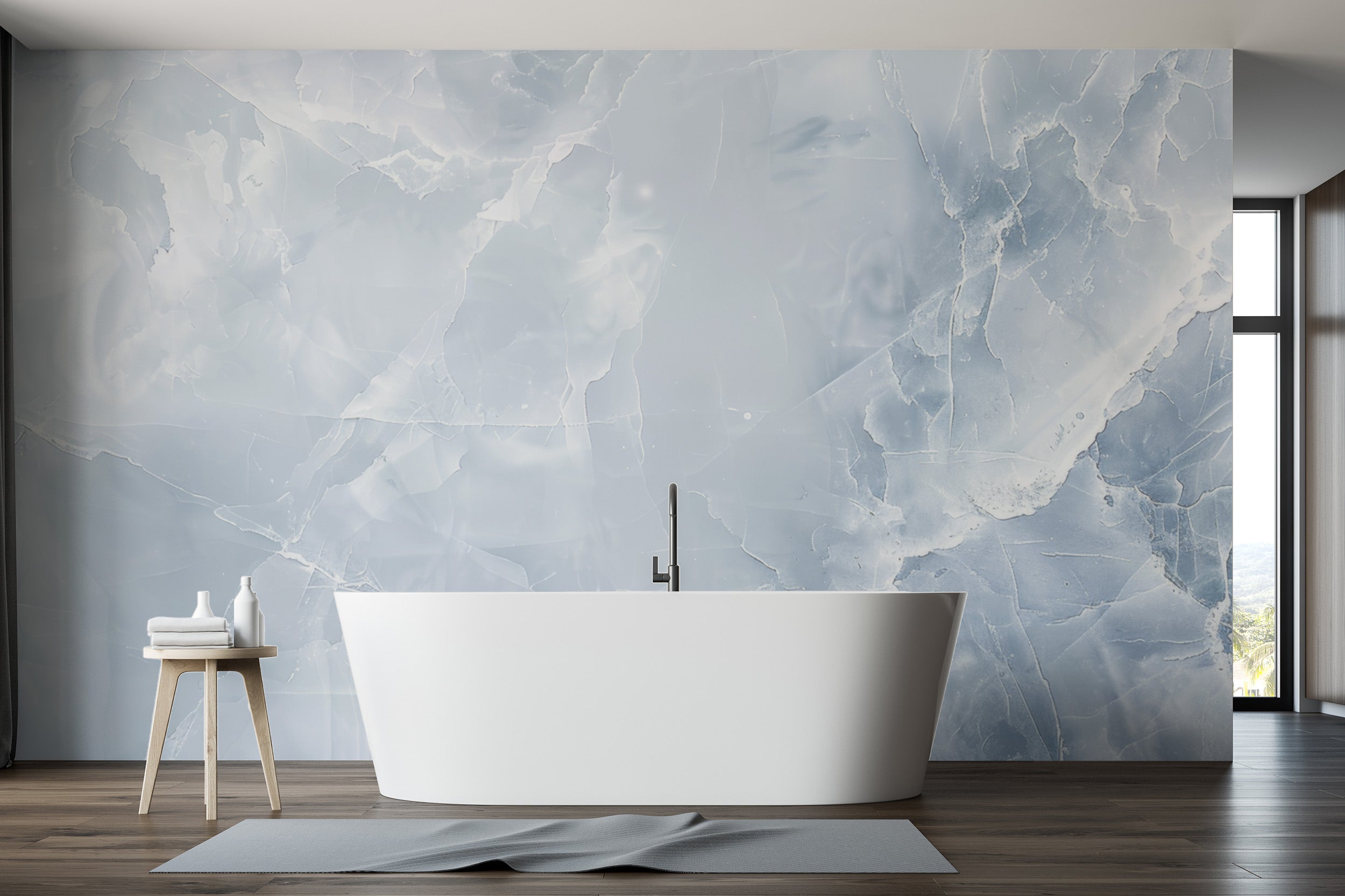 Bathroom walls pop with blue frost wallpaper