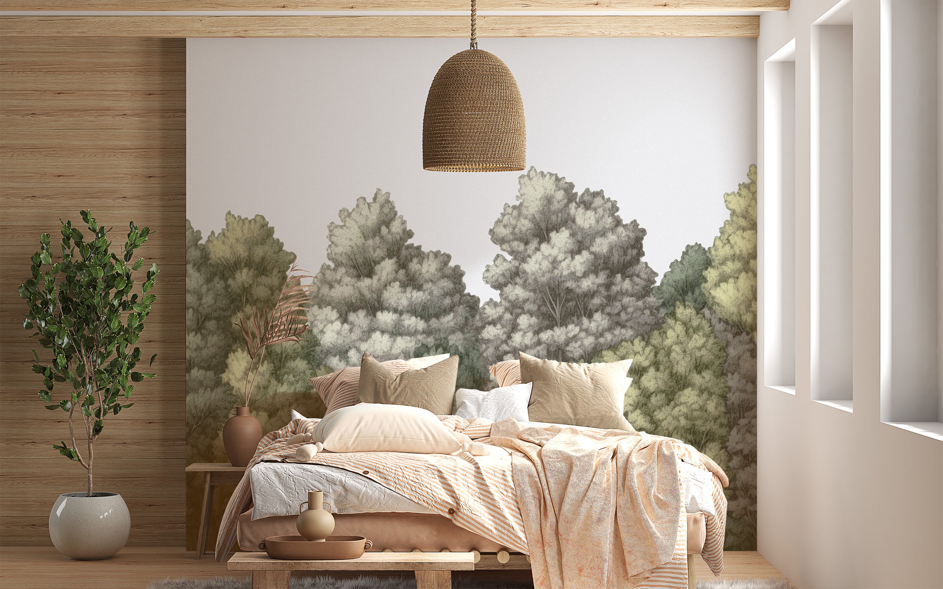 Serene painted forest wallpaper mural for a peaceful bedroom