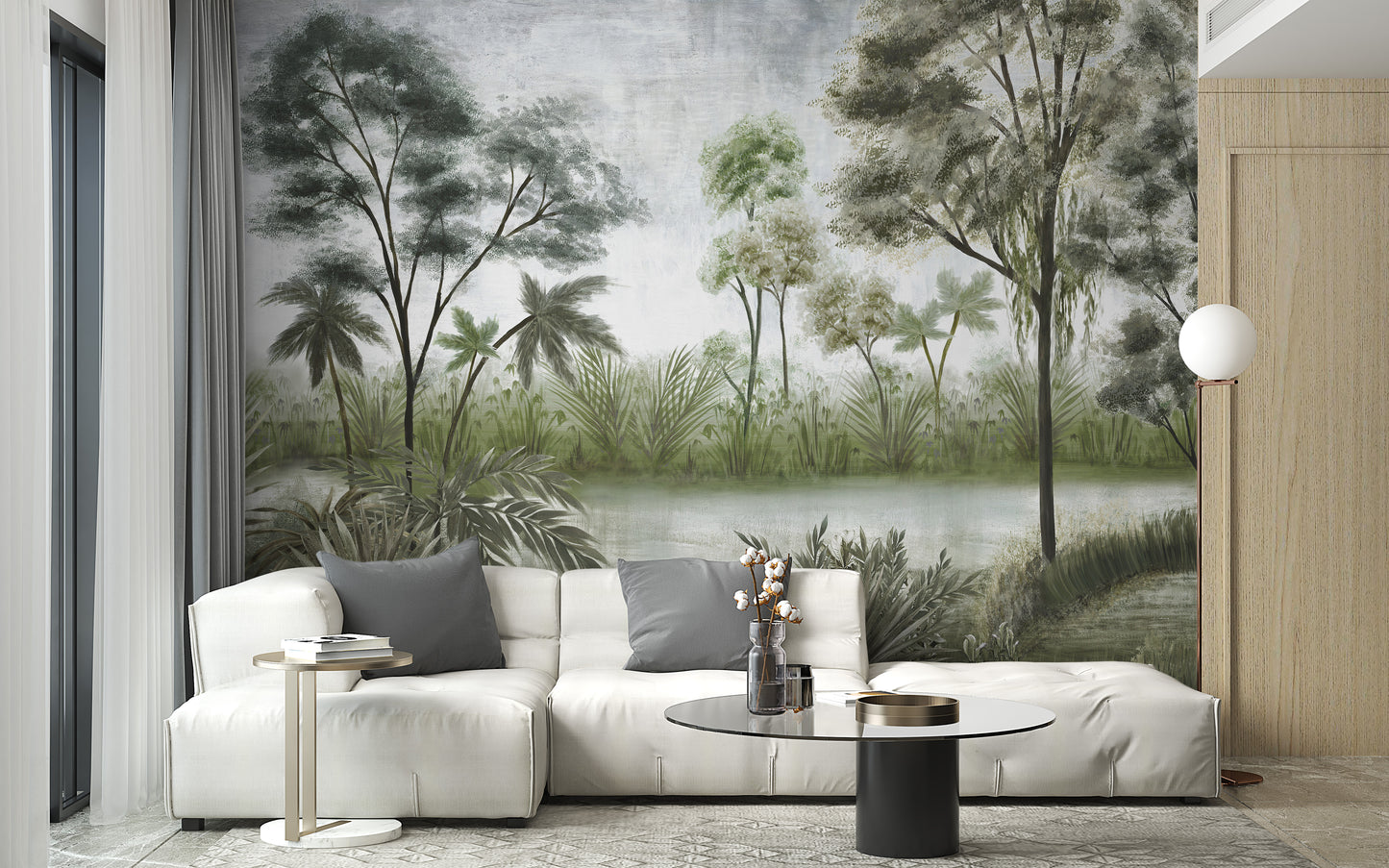 Hazy forest wallpaper mural design
