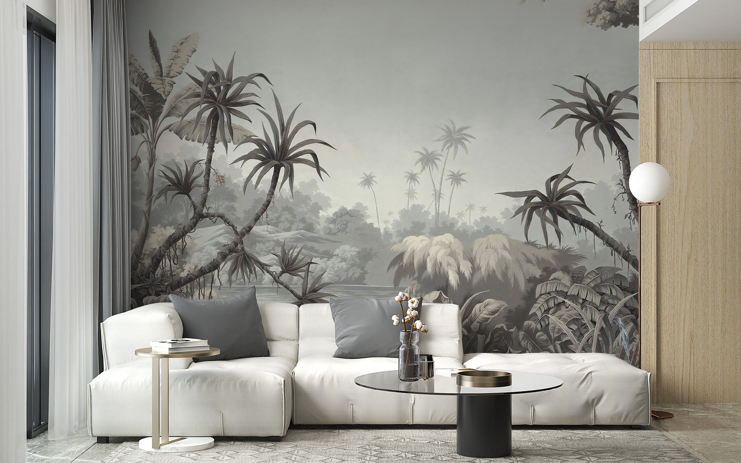 Artistic countryside wall mural with tropical hues
