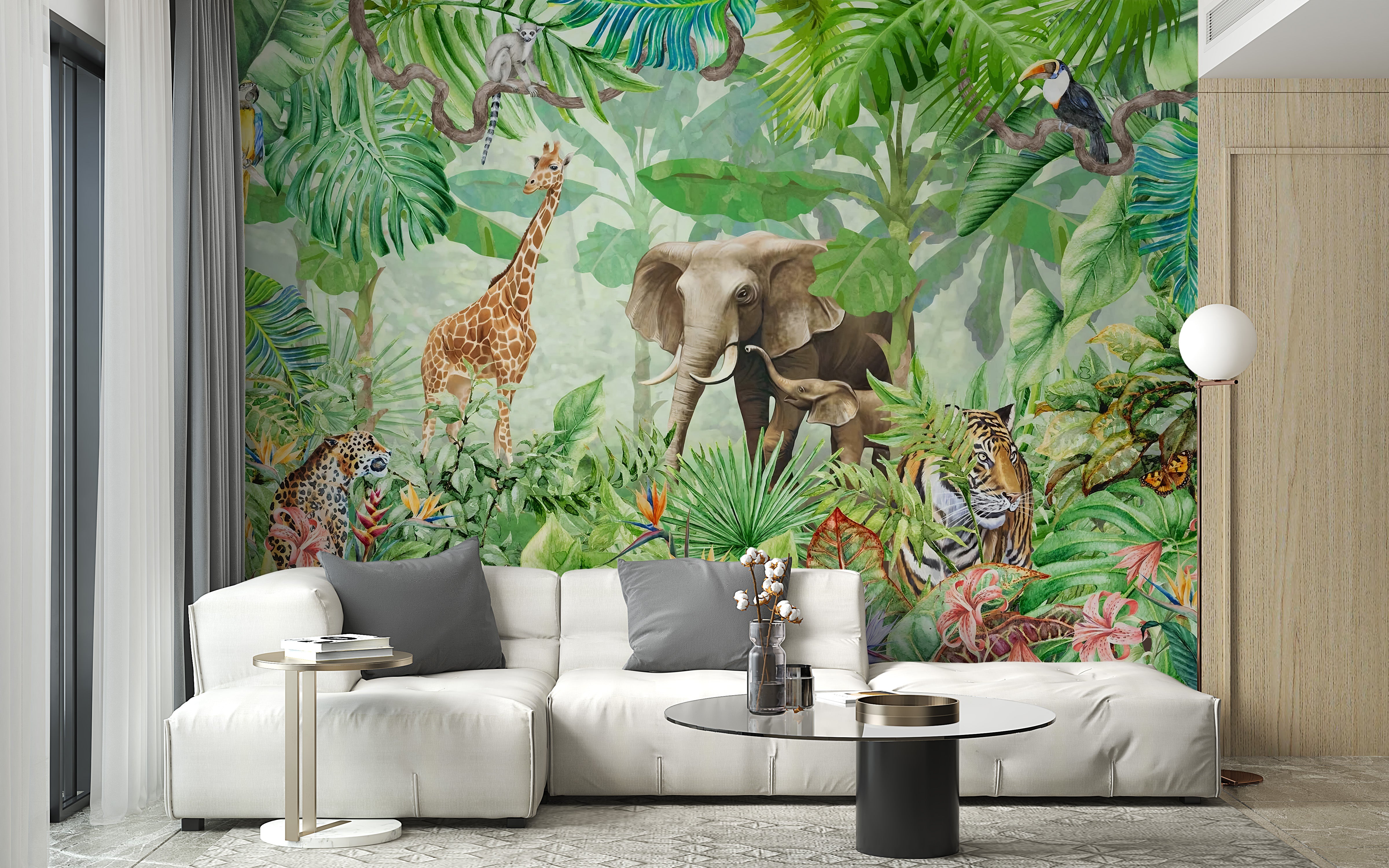 Wildlife forest green wallpaper mural design
