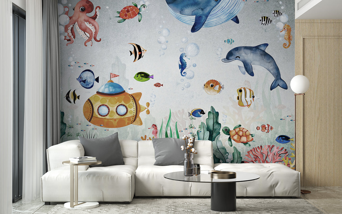 Majestic whales in ocean wallpaper mural art
