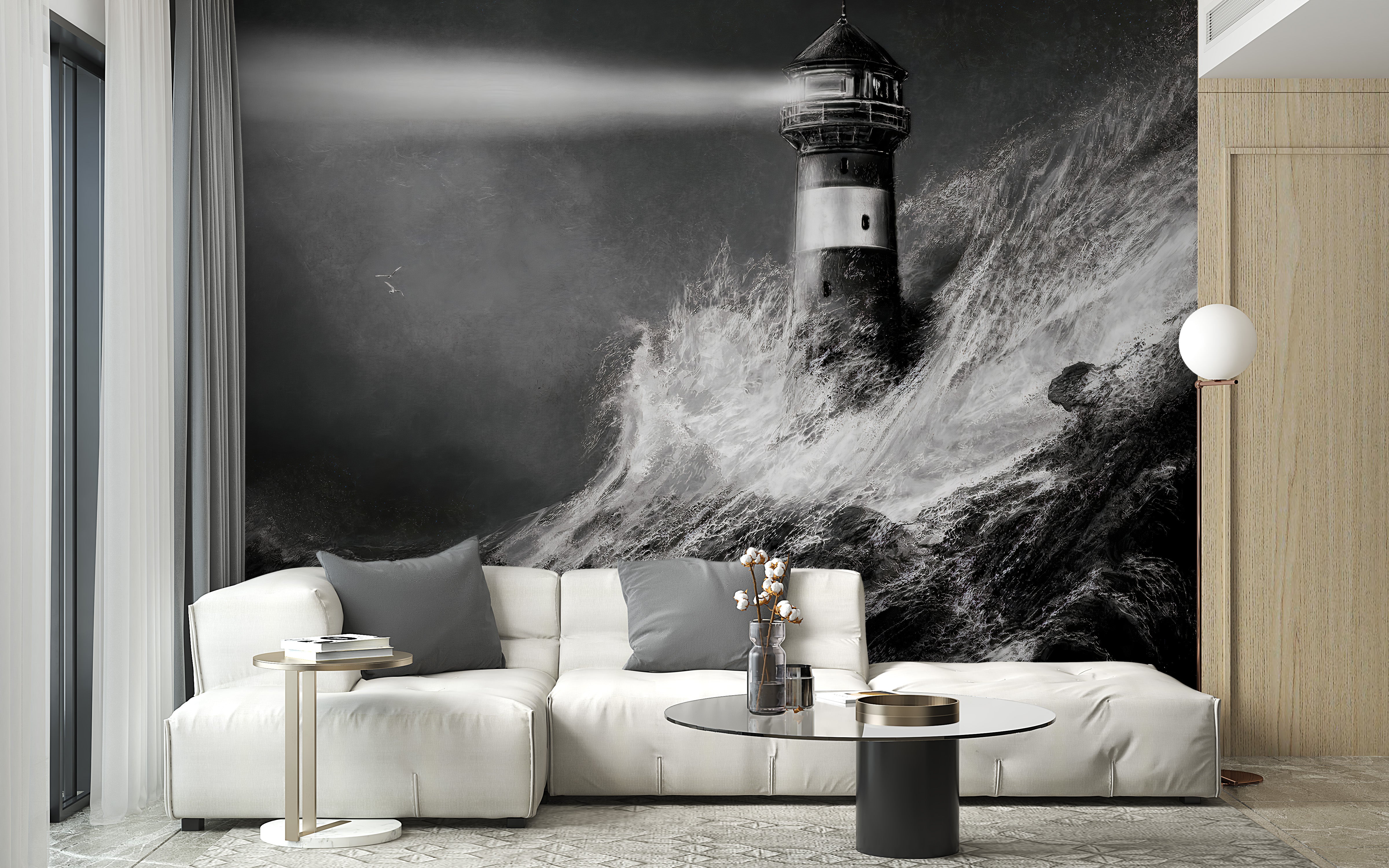 Monochrome Sea and Lighthouse Mural
