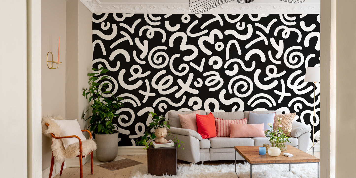 Black and White Abstract Doodle Squiggle Pattern Wallpaper