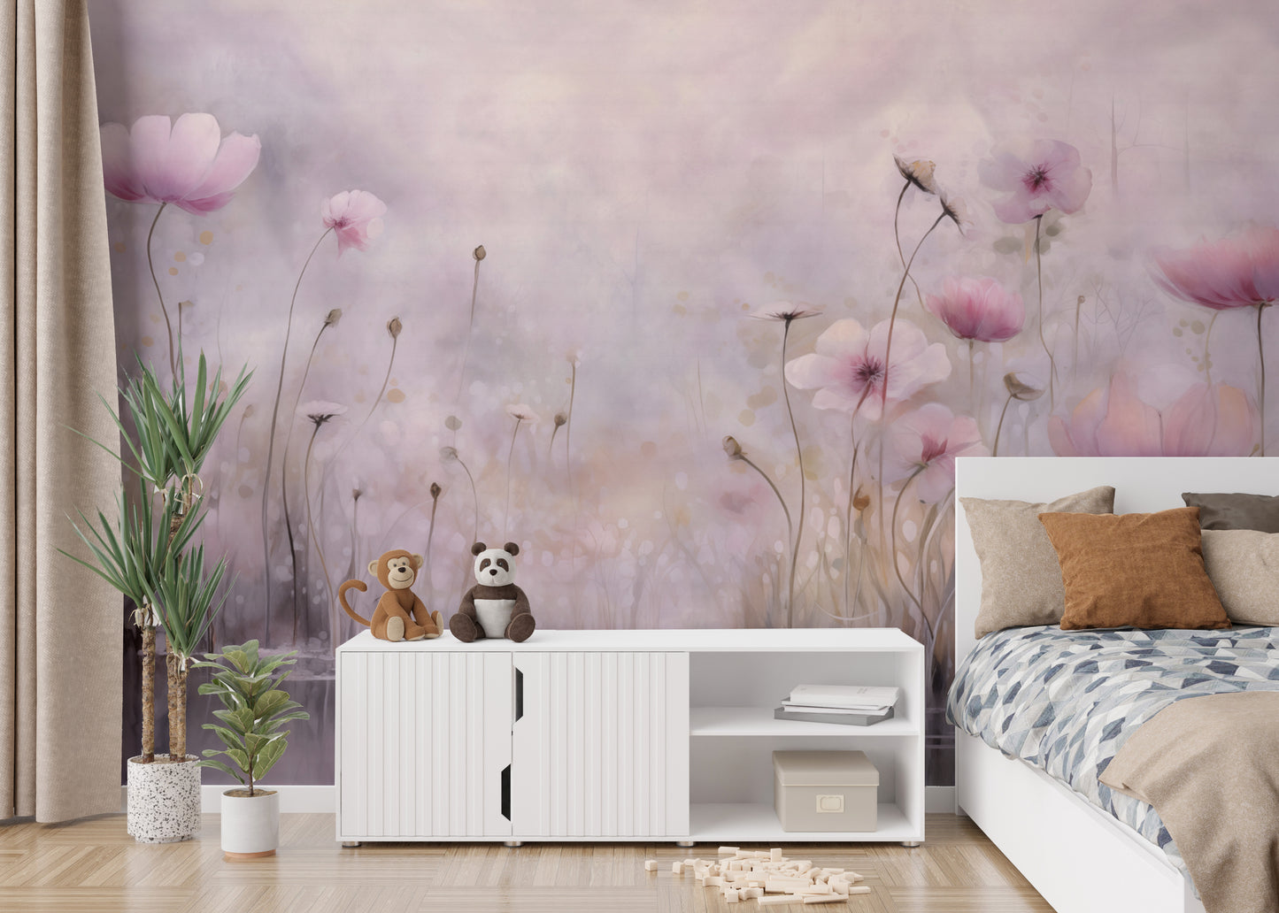 Transform your space with soft pink water poppies floral wallpaper.