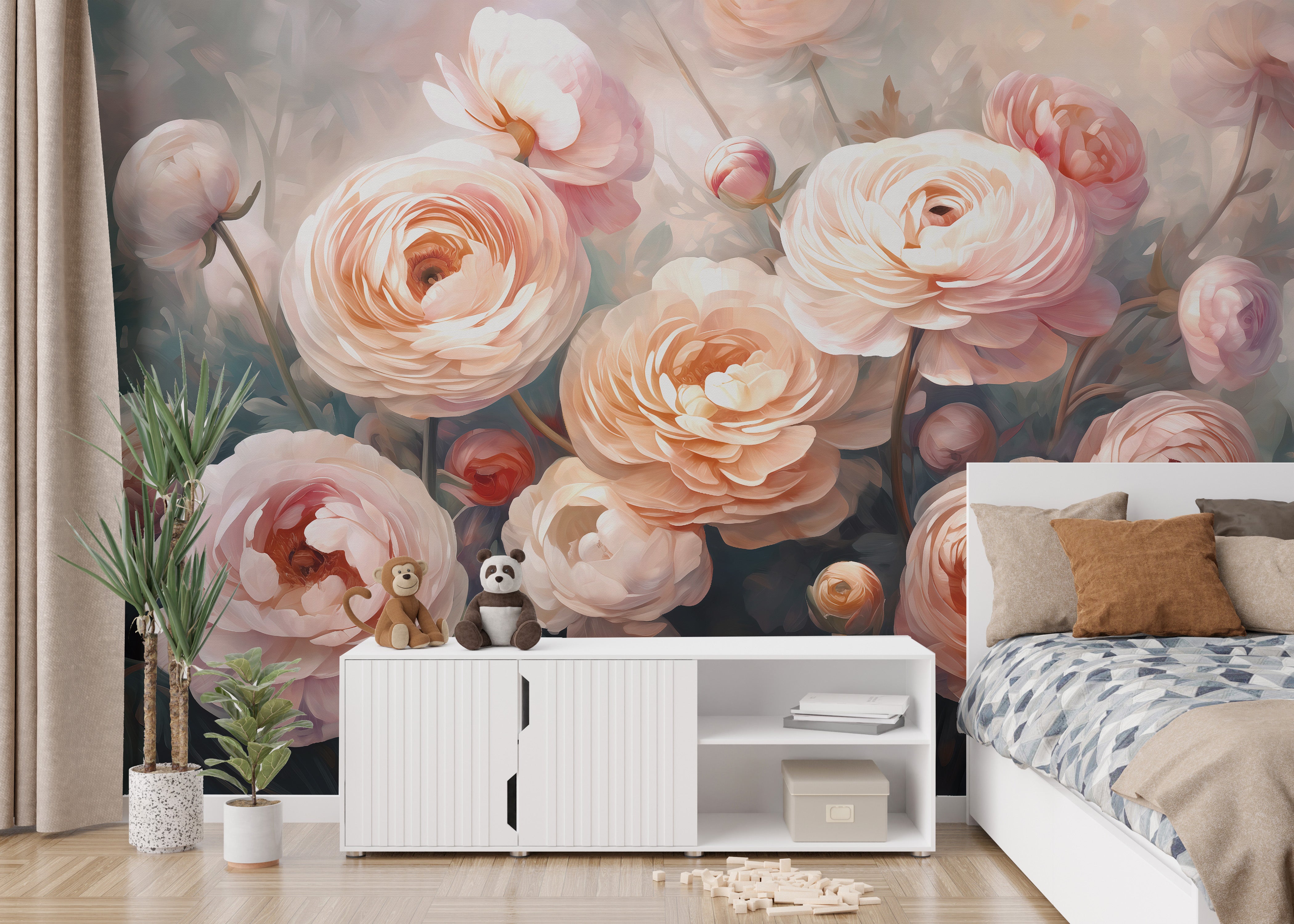 Timeless ranunculus pink flower wallpaper mural for a cozy, inviting room.