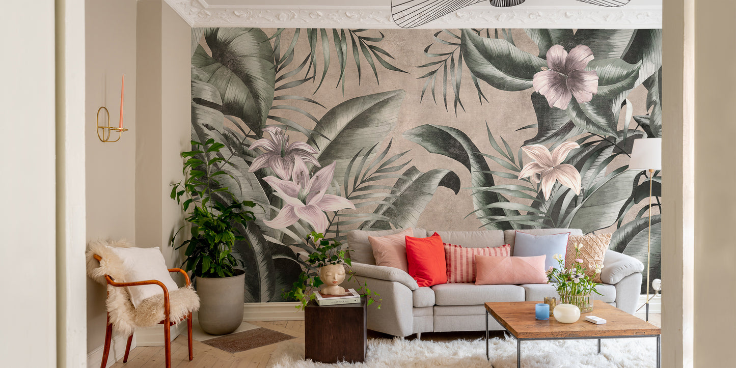 Modern gray floral mural with bold green leaves for interiors.
