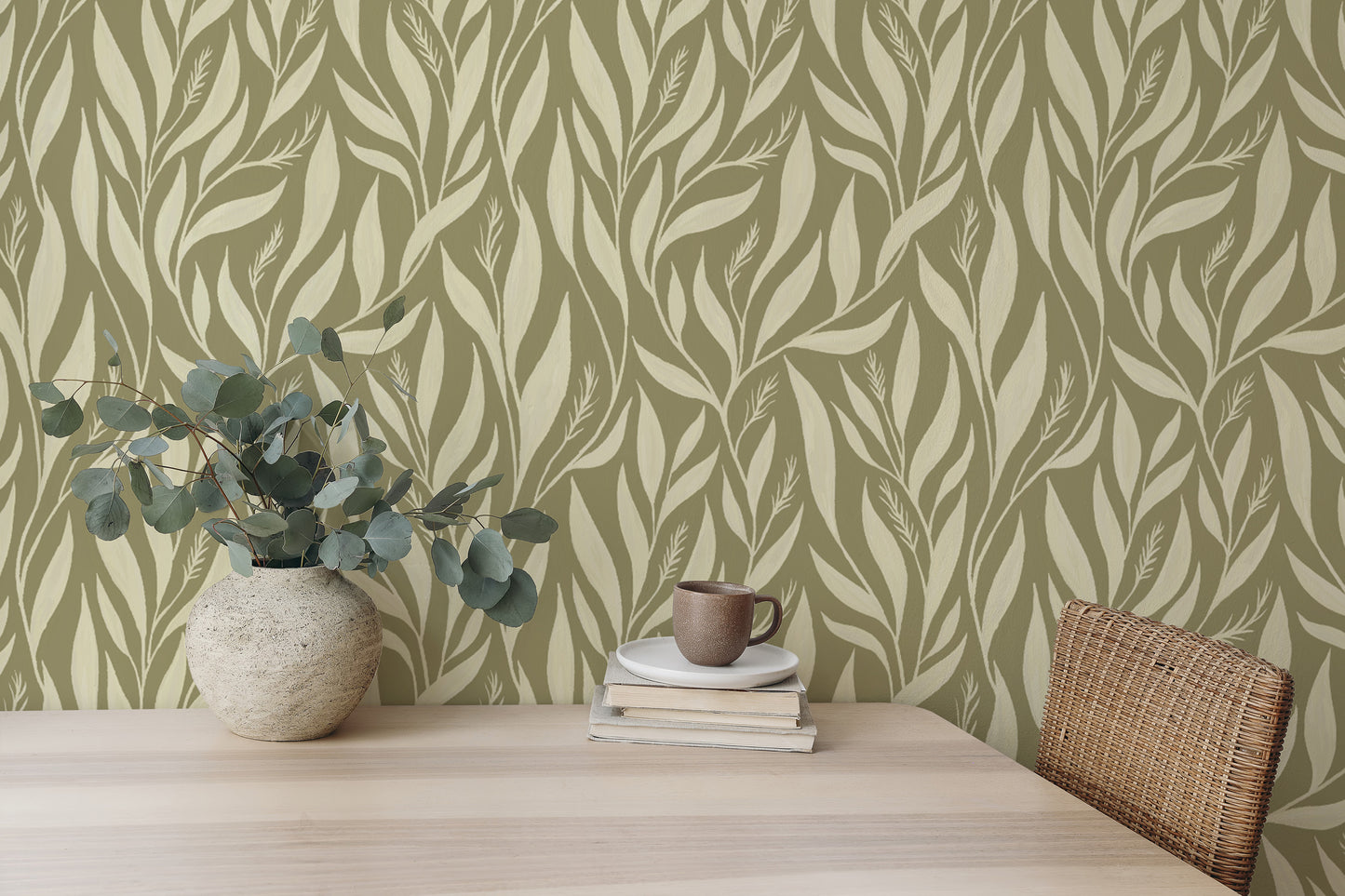 Graceful leaf wall mural in soft sage tones
