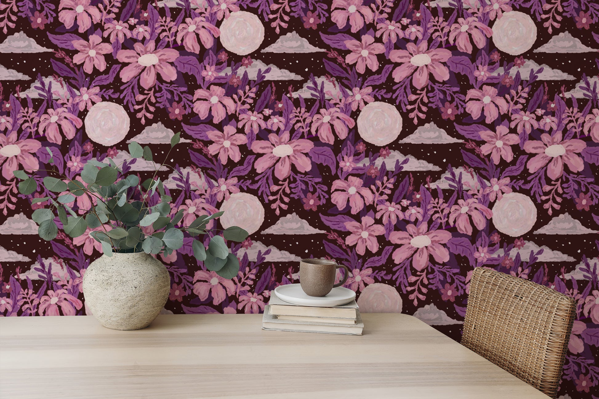 Moonlit garden purple wallpaper design