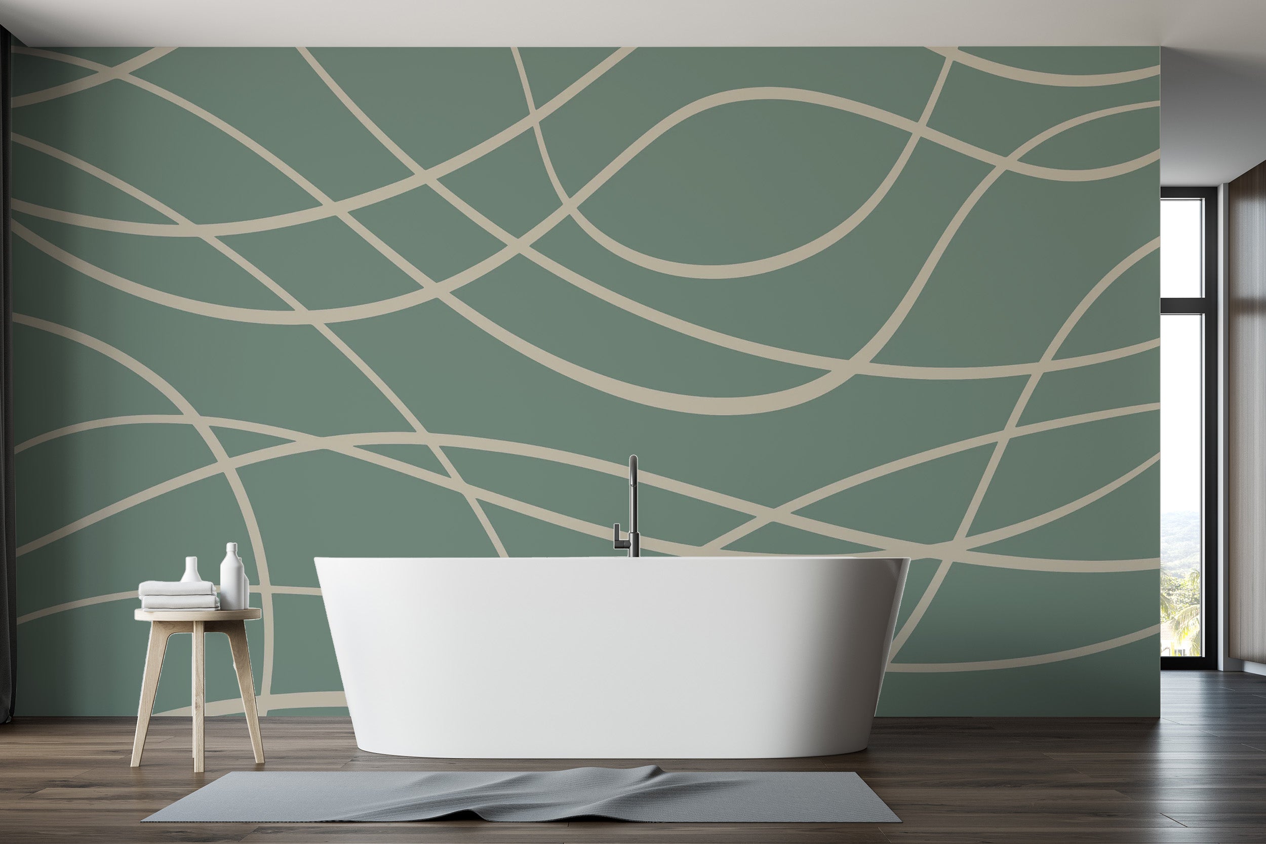 Artistic abstract green line mural for interiors