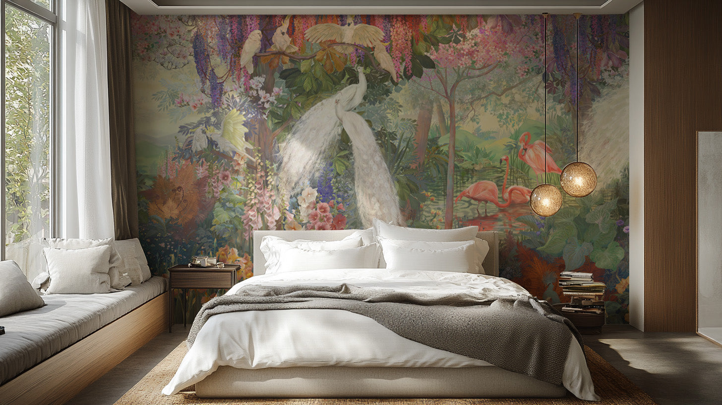 Exotic Floral Symphony Peacock Wallpaper Mural