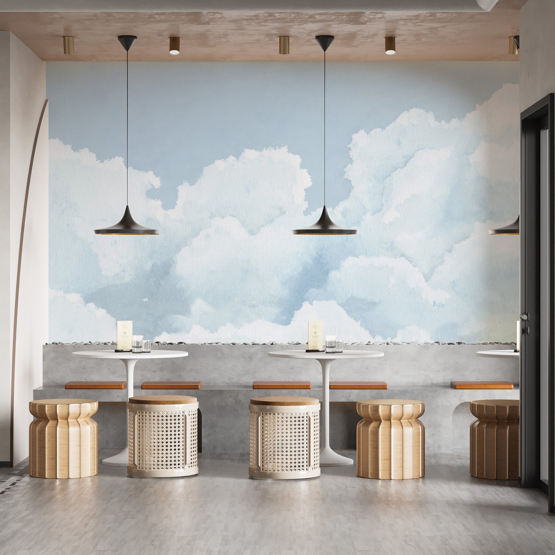 Light Blue Sky Watercolor Mural Wallpaper Dining Room