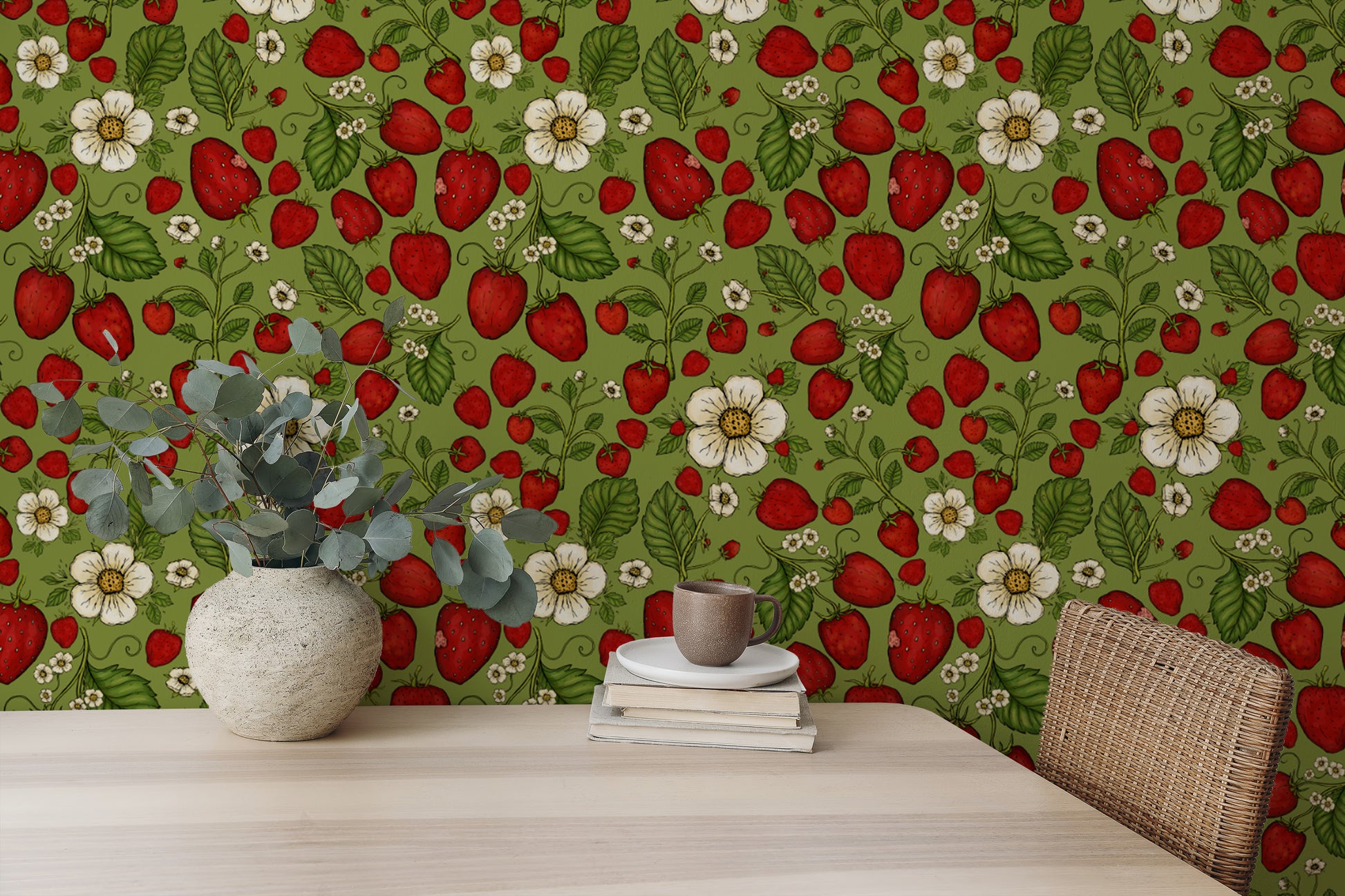 Fresh red strawberries on green wallpaper for a lively vibe.
