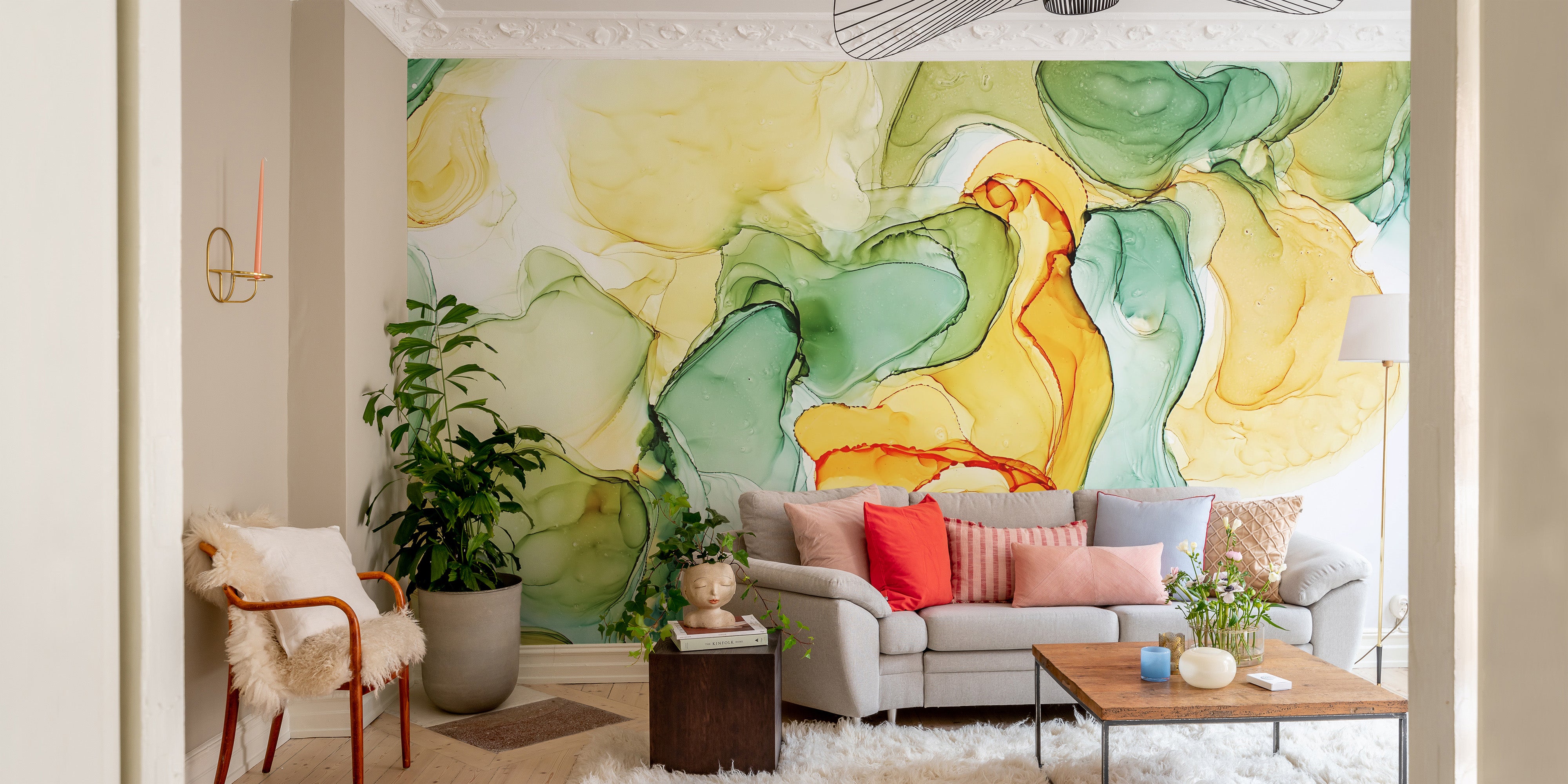 Elegant alcohol art wallpaper mural adding vibrant hues to decor.
