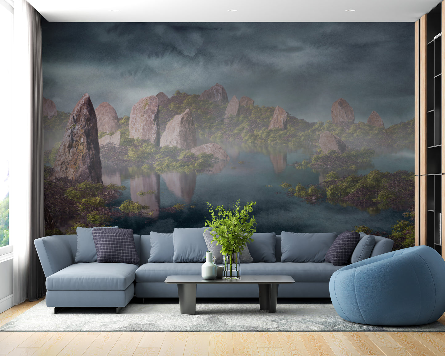 Dramatic Chinese Landscape Blue Wallpaper Murals