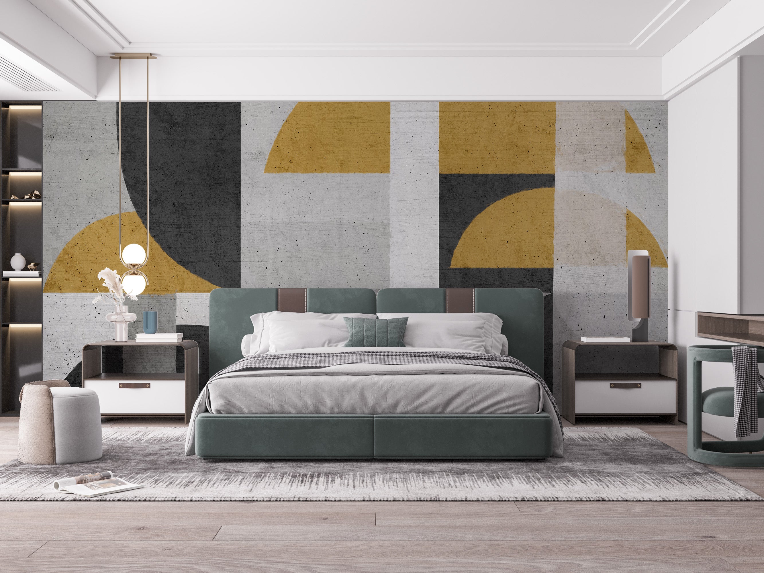 Modern geometric mural with bold contrast