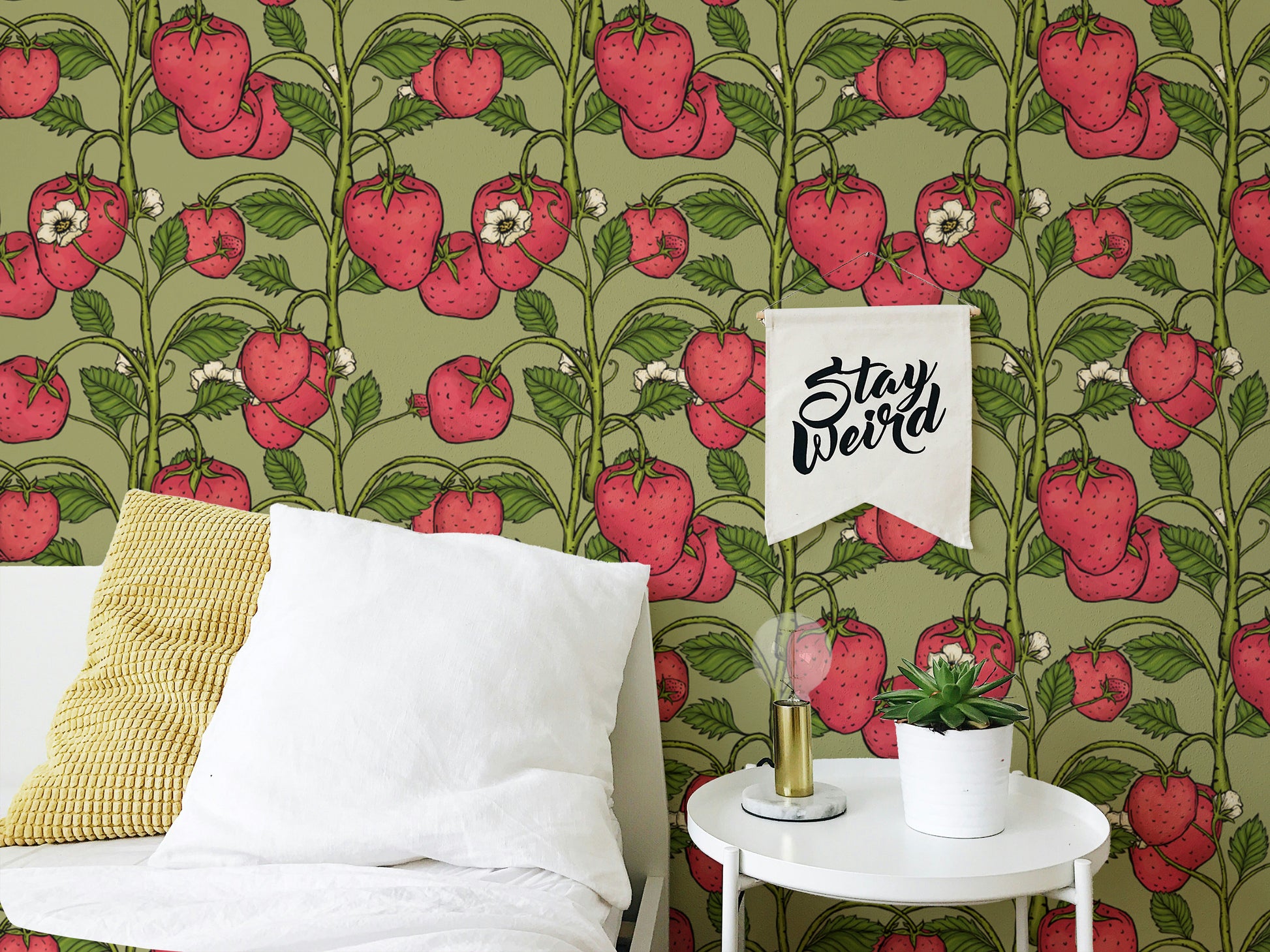 Playful pink and green strawberry wallpaper for kid’s rooms.