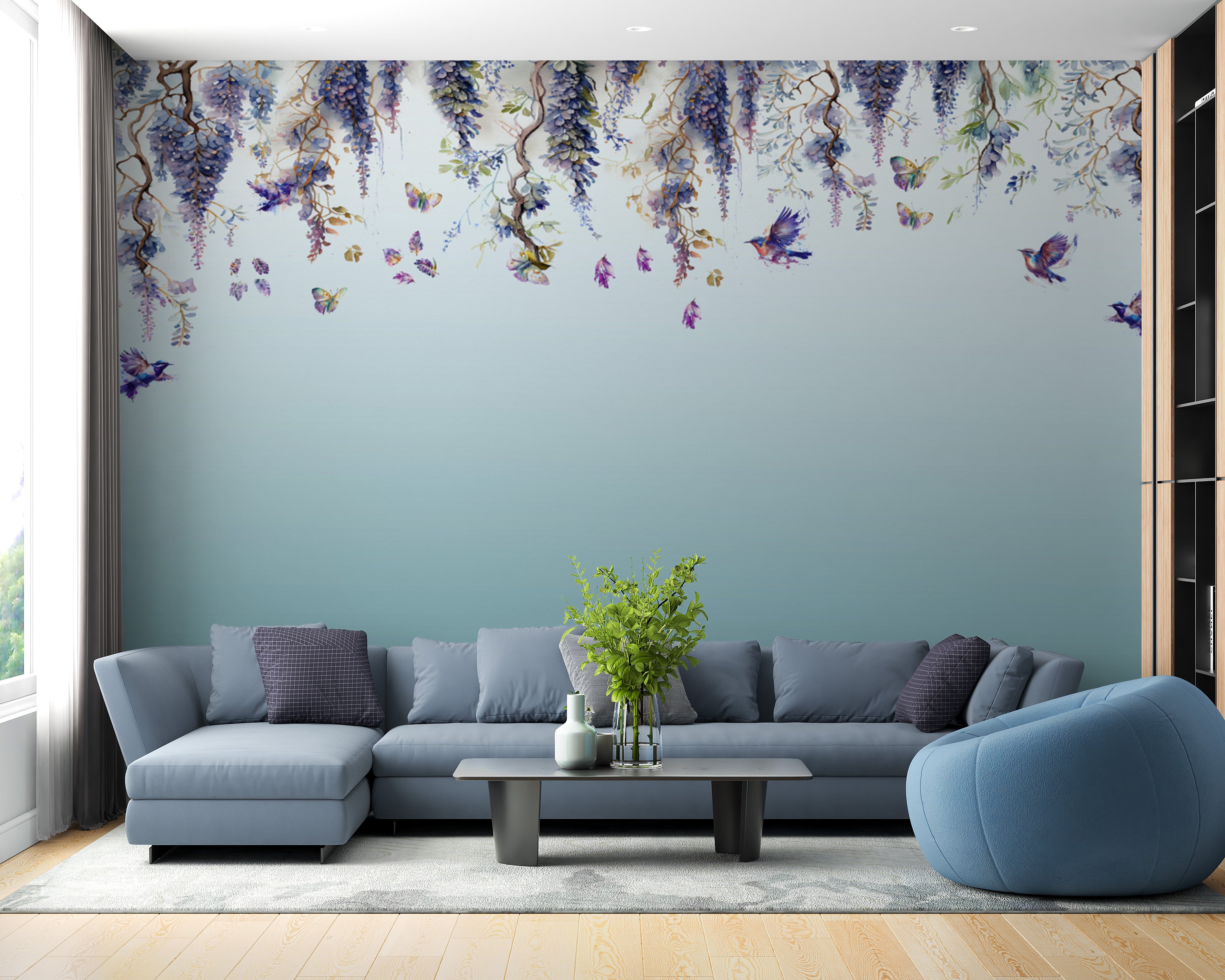 Bring the beauty of wisteria indoors with blue wallpaper murals.