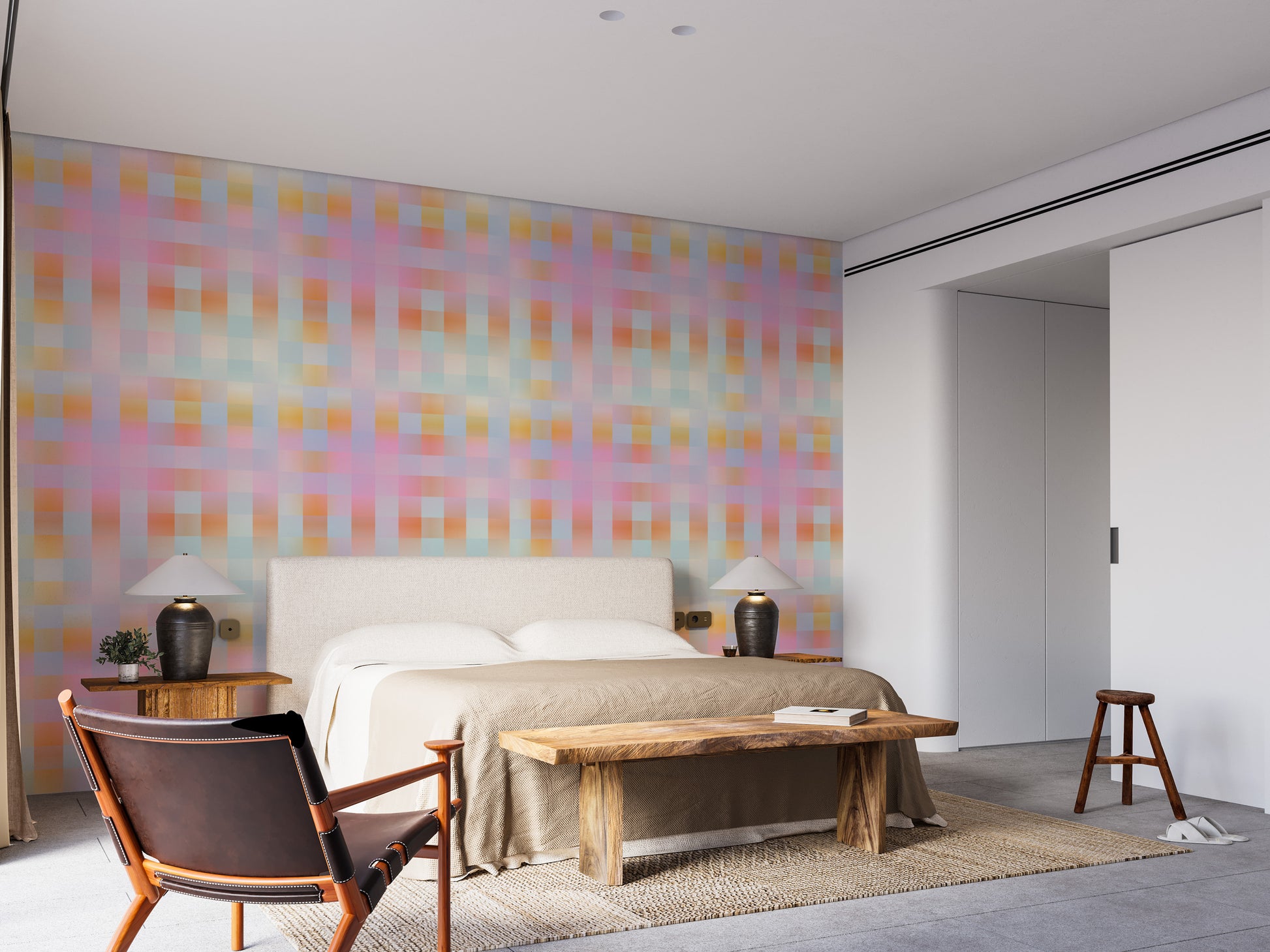 Plaid mural with blurred edges for a contemporary look.