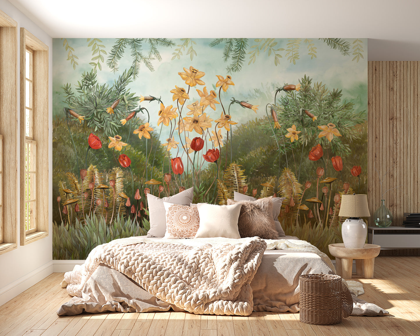 Floral and plant watercolor forest mural for rooms