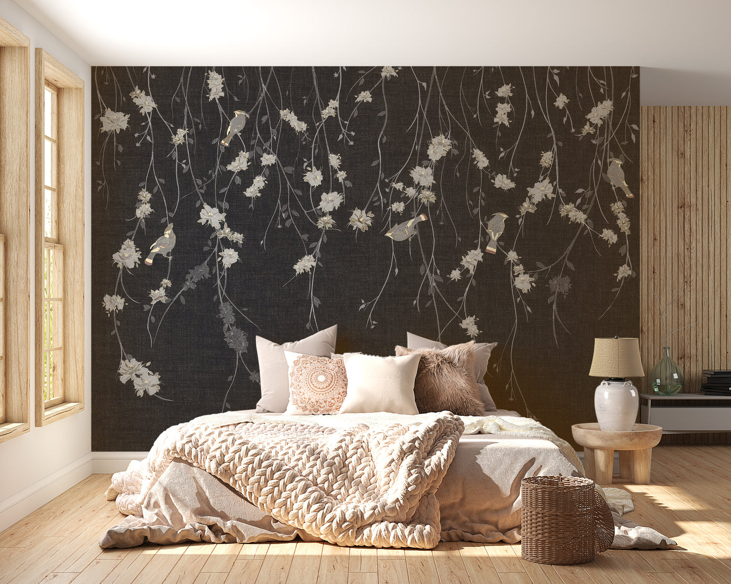 Beautiful Dark Black Flowers & Birds Wallpaper Mural