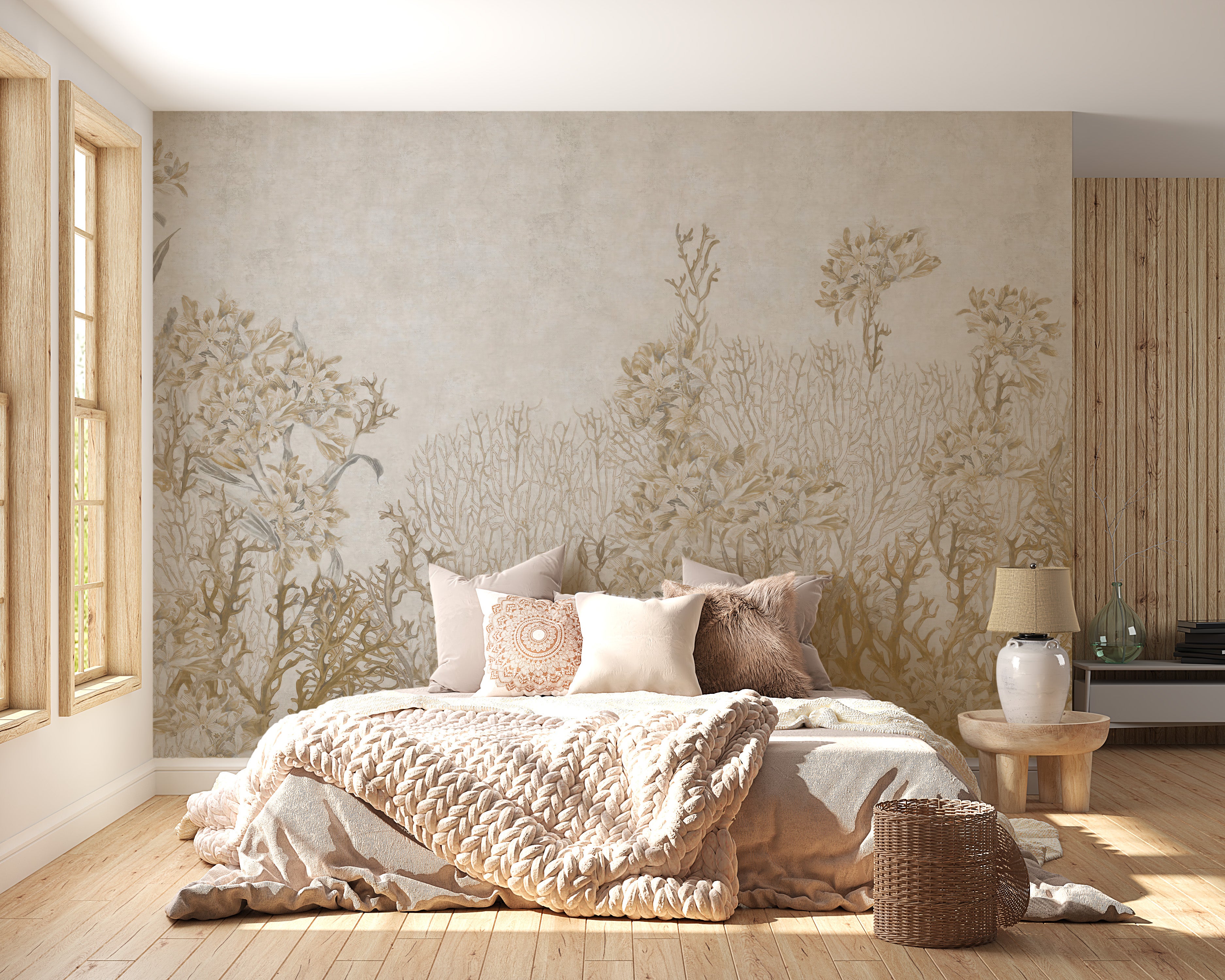 Sepia monotone flowers shaded wallpaper mural
