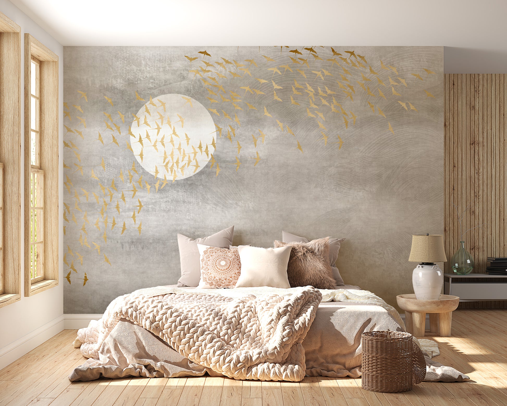 Stylish golden birds wall mural for elegance
