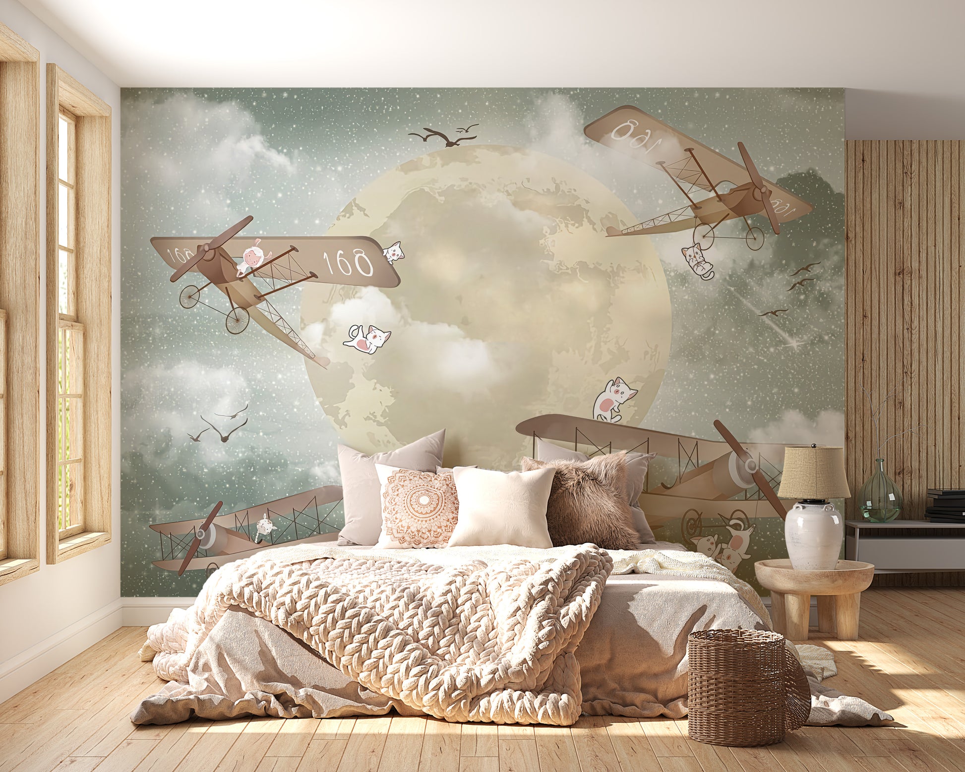 Artistic airplanes under moonlight mural tones
