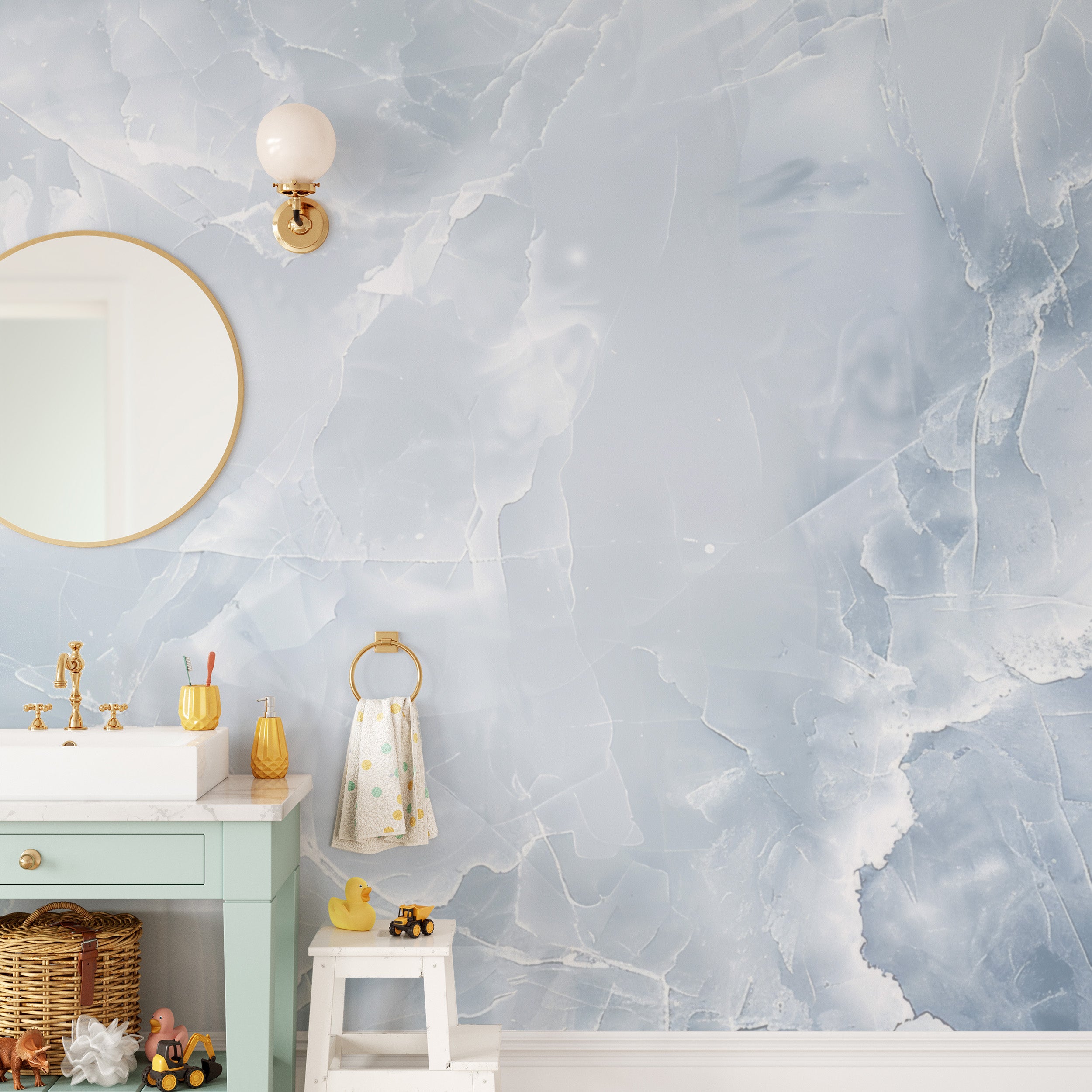 Light blue frost mural creates a sleek bathroom look