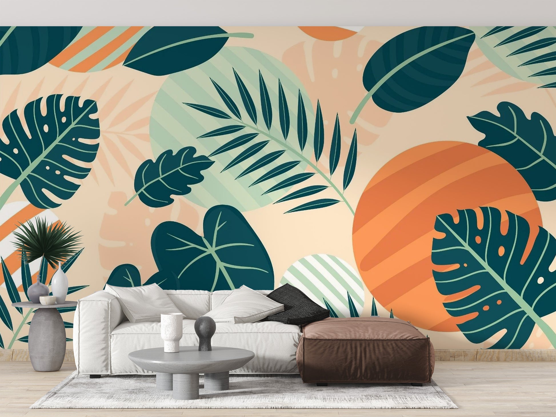 Elegant Green Orange Beige Leaves Wall Mural for Homes