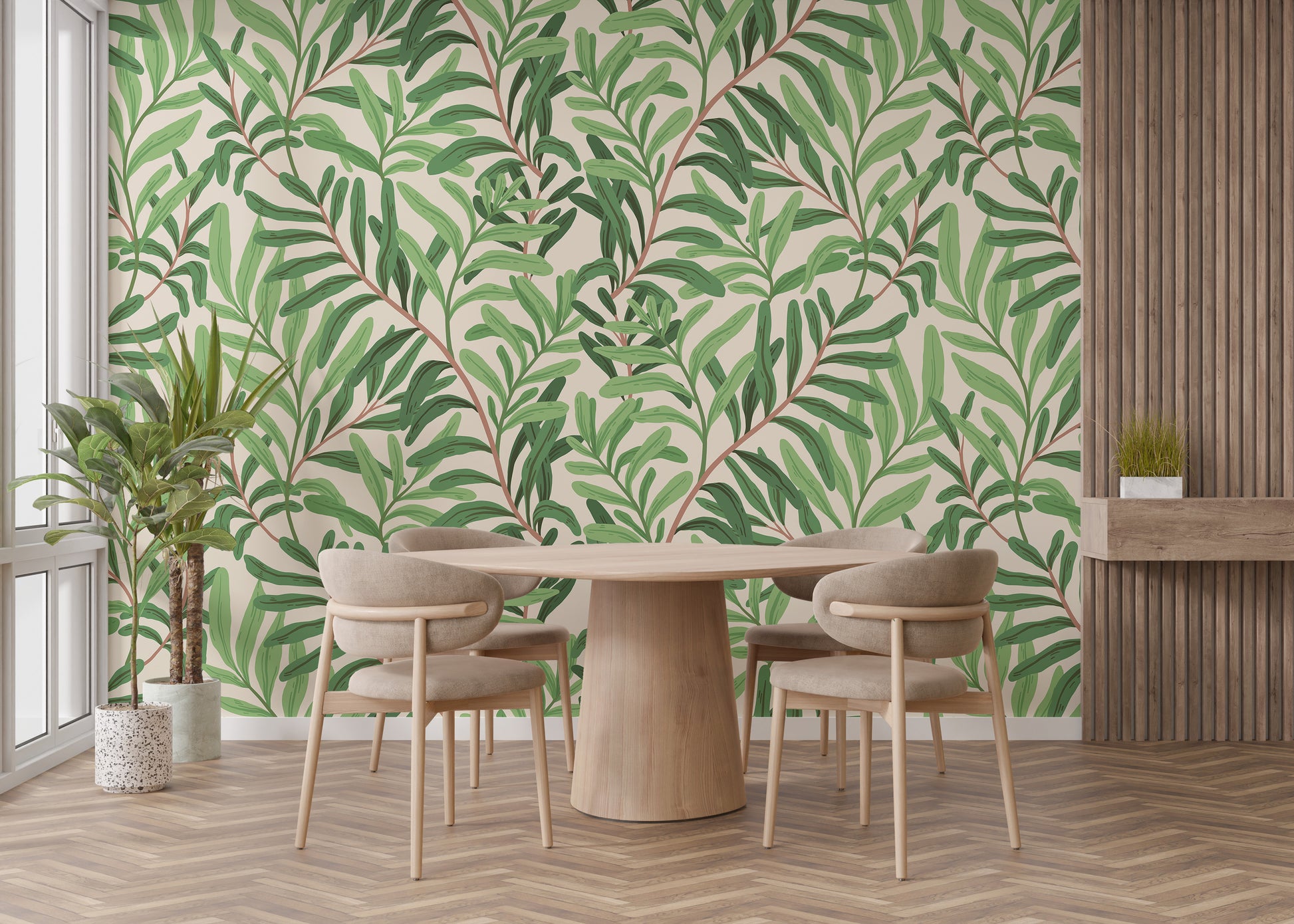 Leaf-pattern wallpaper with vibrant greens